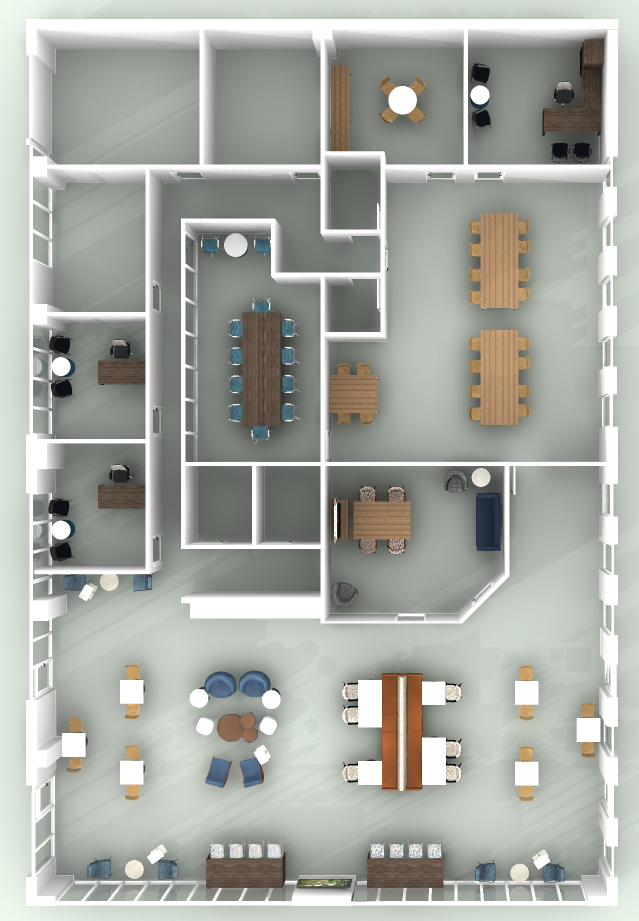 Top-down view of an office layout with multiple workspaces, meeting rooms, a reception area, and open seating.