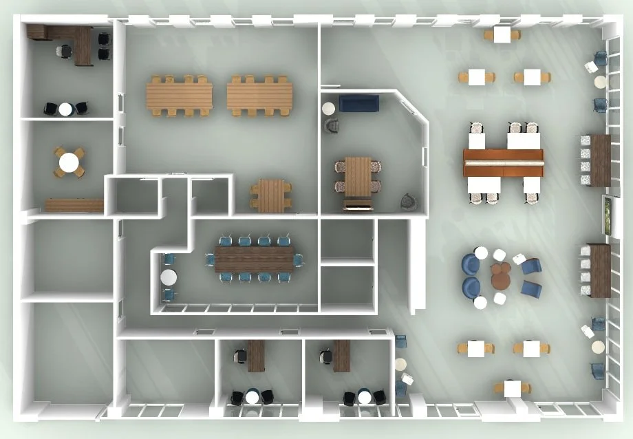 A top-down view of an office layout with multiple rooms and open workspaces, including conference tables, individual desks, and lounge areas.