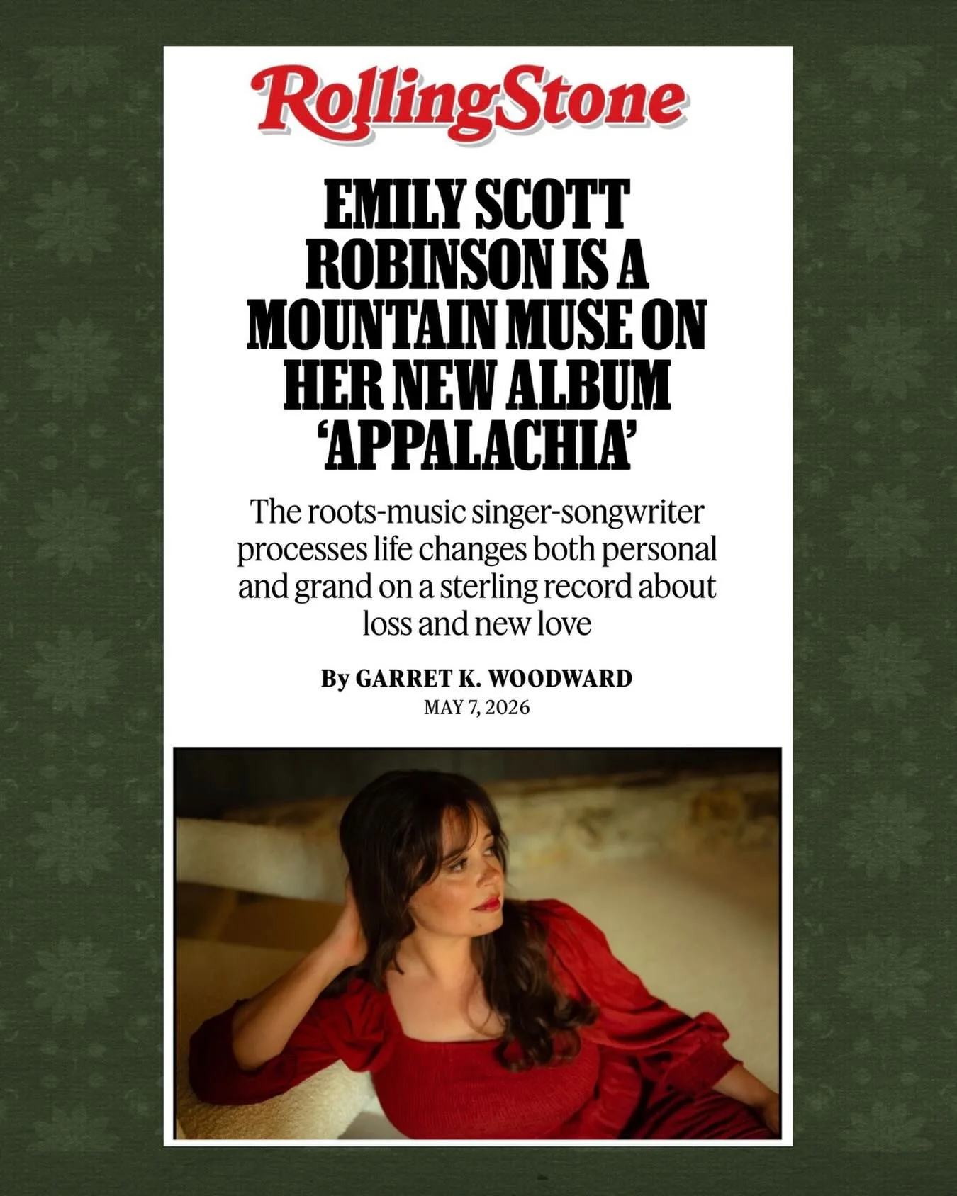 This has been an insanely special project. Huge thanks to @rollingstone, @garretkwoodward,  and @josephhudaknash for this wonderful coverage, and thanks to @emilyscottrobinson for writing a beautiful album.