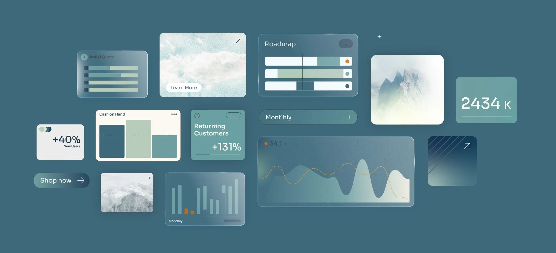 UI component collection showing modern dashboard cards, growth stats, and data visualization elements for DOJO AI’s marketing platform.
