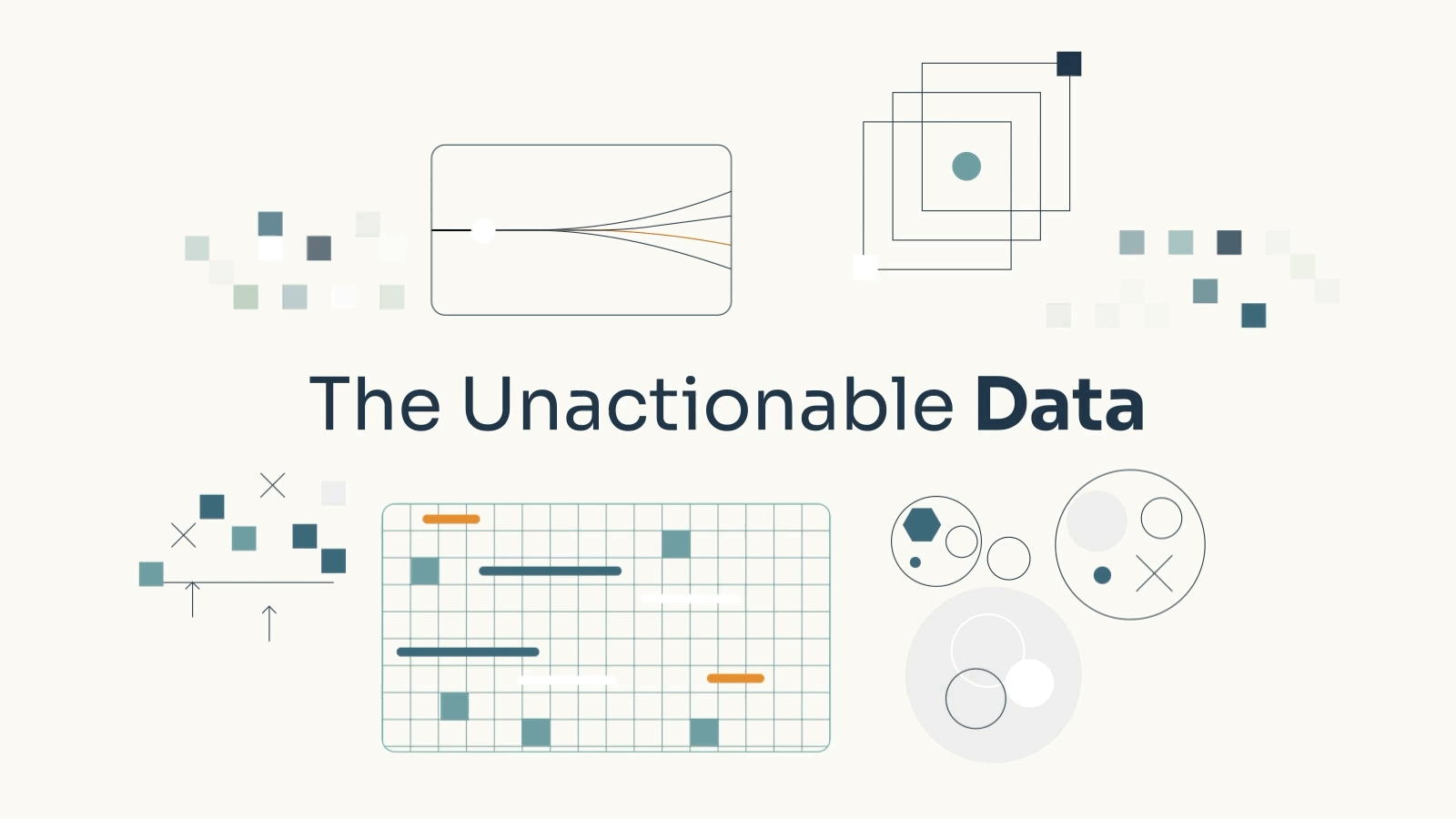 Motion design GIF showing abstract data diagrams forming and connecting around the text "The Unactionable Data," illustrating marketing complexity for DOJO AI by BRUTAL Studio.