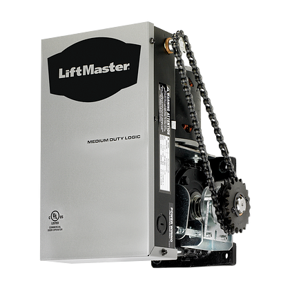 LiftMaster medium duty logic garage door opener with chain drive and motor mechanism.