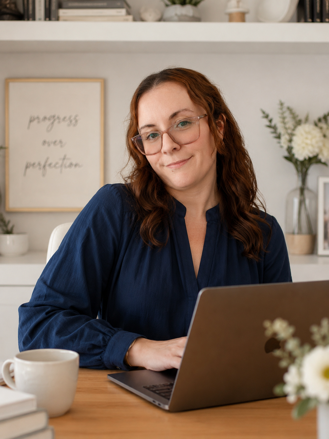 Erin Wilson, smiling, sitting at a desk working on her laptop with a mug and stack of books next to her. Behind her is a print that reads "progress over perfection" and a vase of white flowers and greenery.