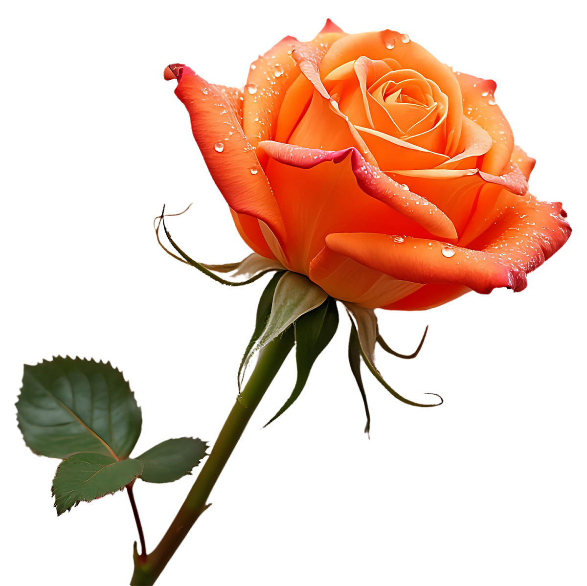 A fully open, peachy-orange rose with dew drops on its petals and a lush green stem.