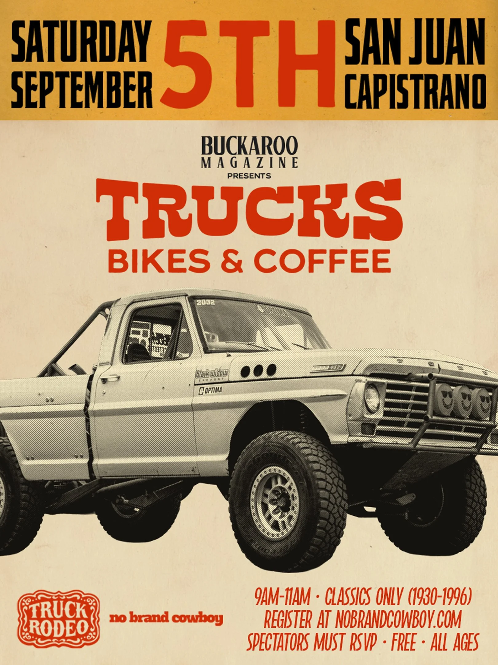 Event poster for a Saturday, September 5th truck rodeo featuring classic trucks and motorcycles, presented by Buckaroo Magazine, located in San Juan Capistrano. The event runs from 9 AM to 11 AM, with registration details at nobrandcowboy.com, and is open to all ages with free admission.