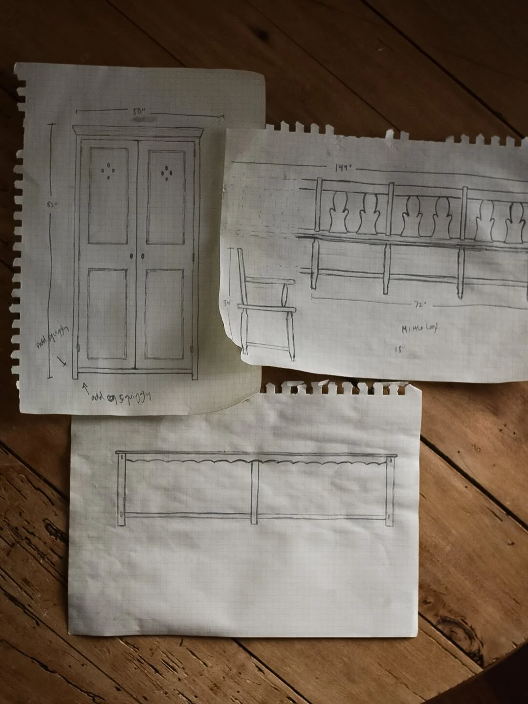 Don&rsquo;t mind the crinkles&hellip;😅 I&rsquo;m super excited about this custom set coming in March to a local client! Drawn is a 12 foot long antique-styled bench, a large 9.5 foot table with custom scallops, and an unfinished hutch cabinet for th