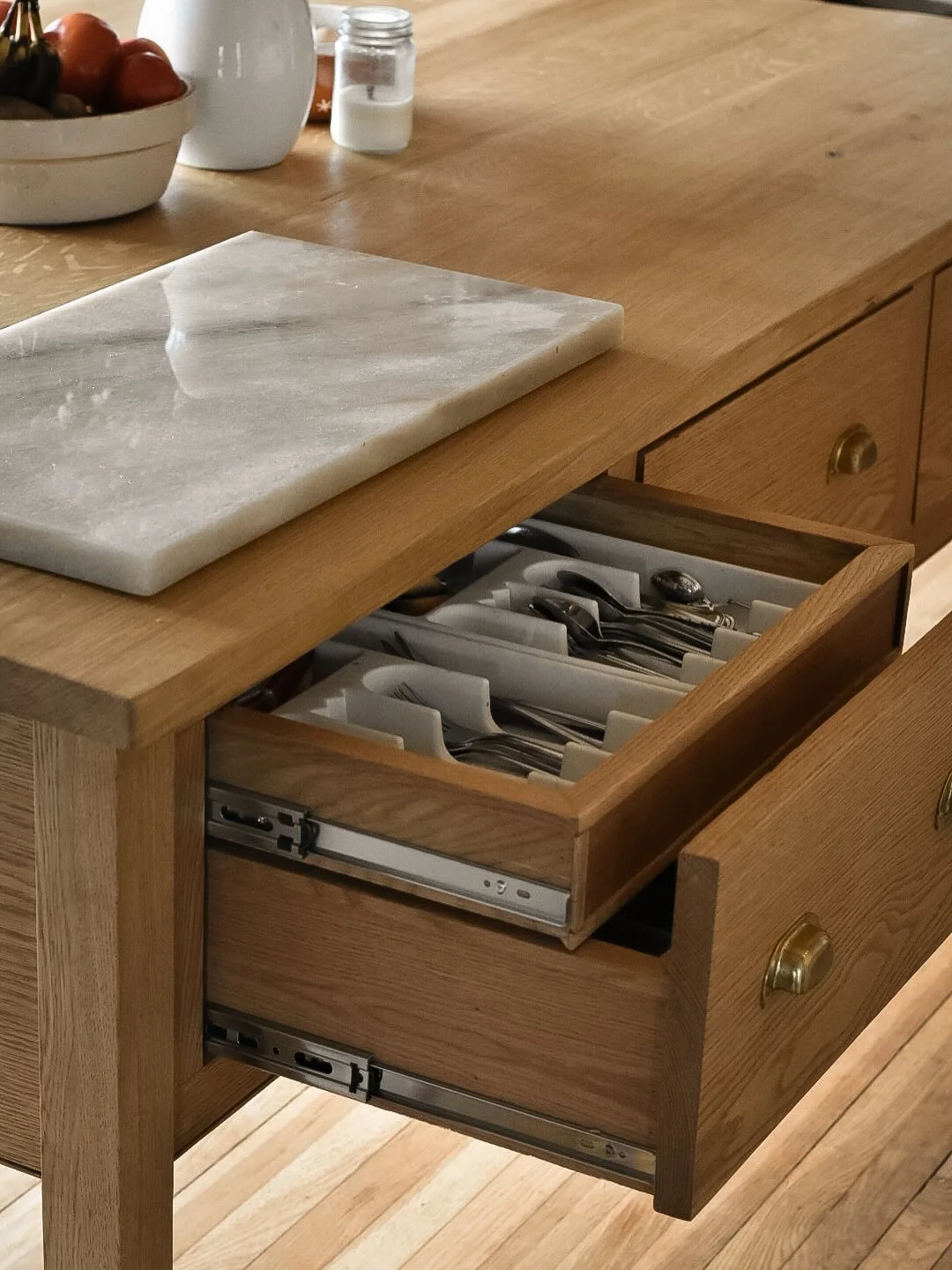 Some fun details from our latest addition to the family. 😍😍😍 This is one is named after my wife, who designed the table with clean lines, deep functional drawers, an eat-in space fit for our five kids. It&rsquo;s got the feel of a collected heirlo