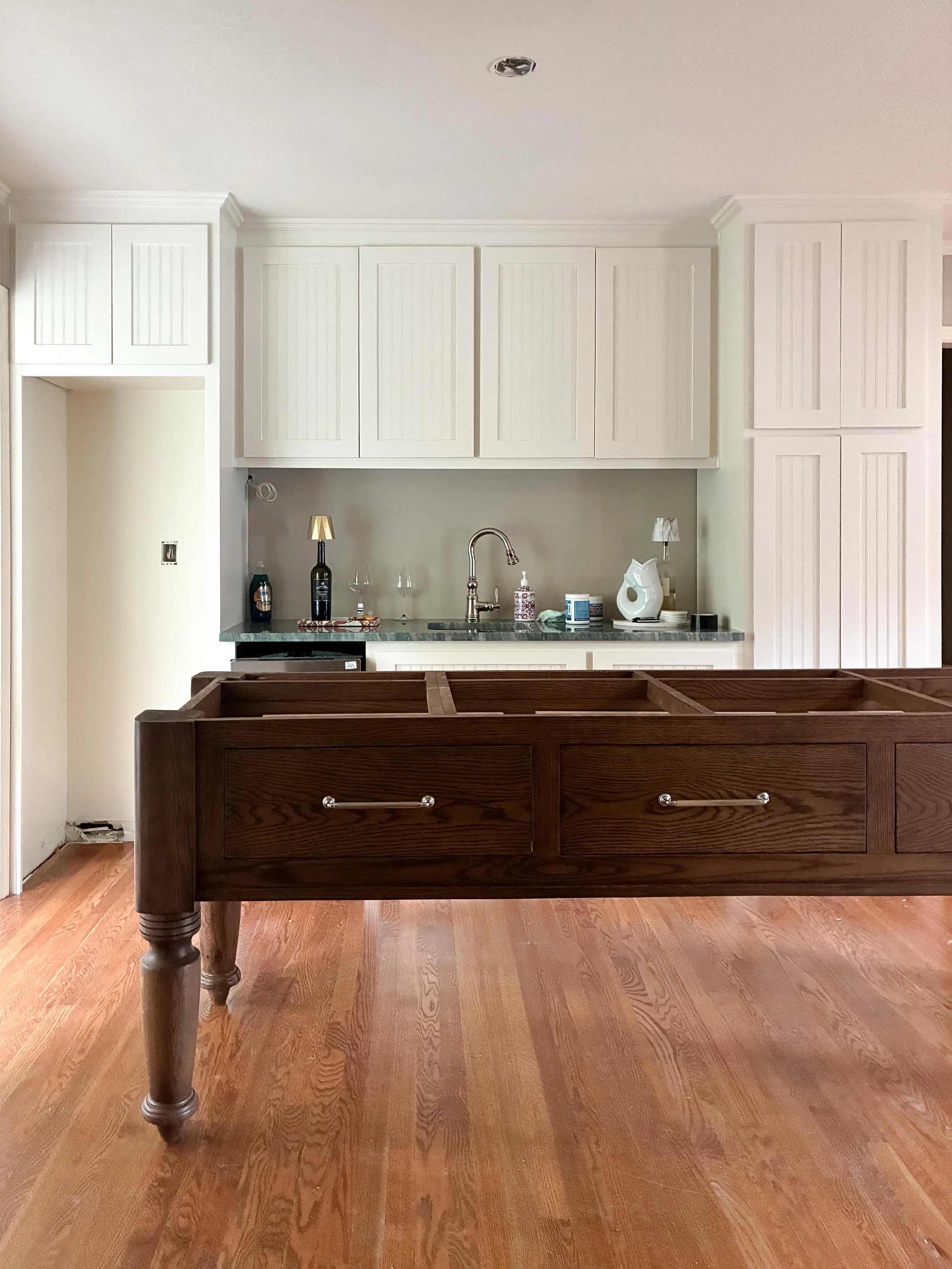 Okay, the walnut stained oak and silver hardware looks pretty good 😍 This beauty just got home today and she will soon have a stone &amp; butcher-block top!