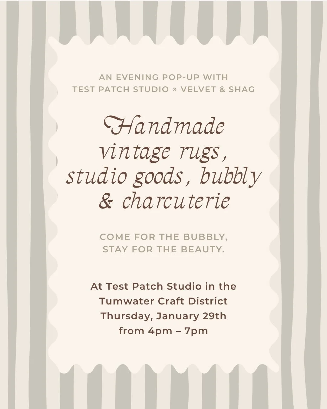Pop-Up with Test Patch Studio &times; Velvet &amp; Shag! Join us for a delightful evening at Test Patch Studio. We&rsquo;re pouring bubbly and serving charcuterie while you explore stunning handmade vintage rugs from Velvet &amp; Shag and our collect