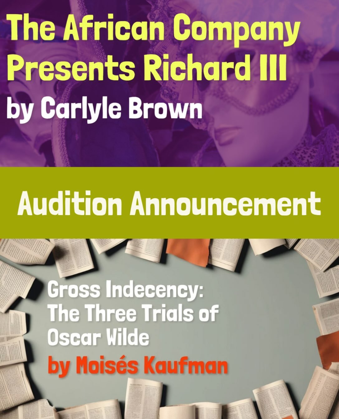 🎭Audition sign-ups are LIVE!🎭

Auditions for The Justice Theater Project&rsquo;s productions of &ldquo;The African Company Presents Richard III&rdquo; and &ldquo;Gross Indecency: The Three Trials of Oscar Wilde&rdquo; will take place on Thursday, O