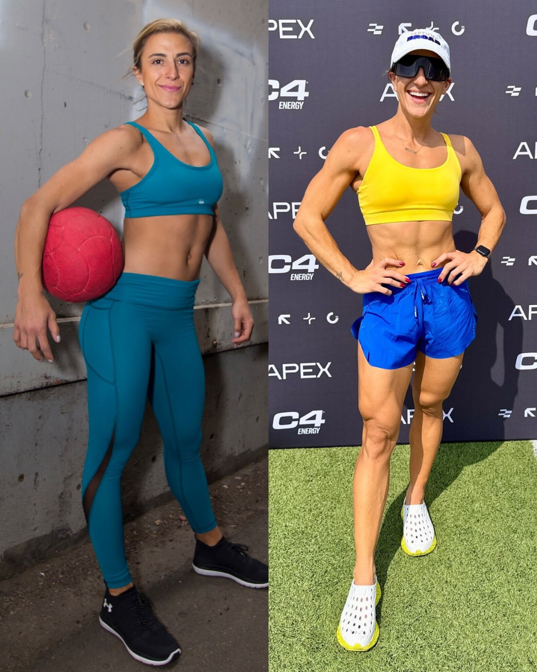 Before and after body composition comparison showing Tara's muscle definition progress.