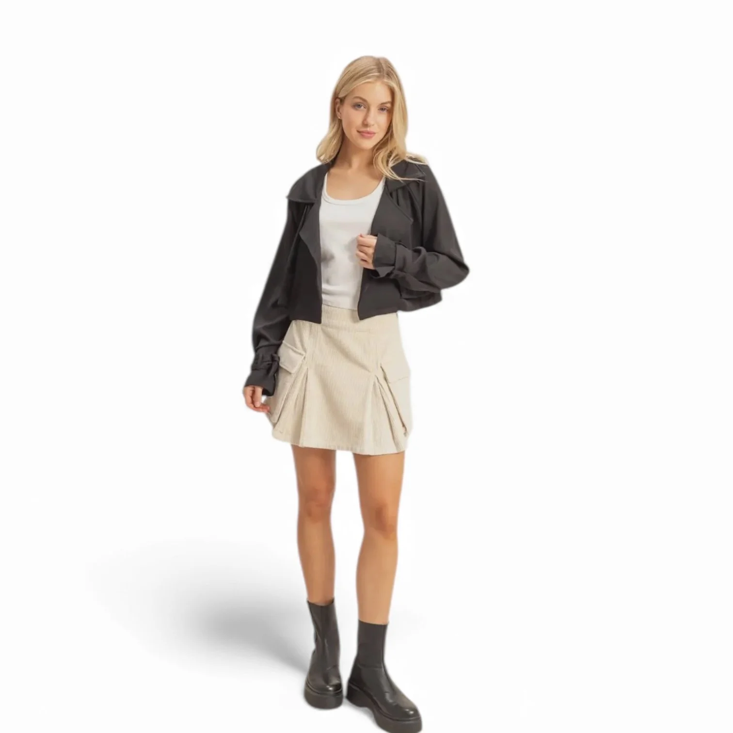 Short Trench Jacket with tie cuff sleeves