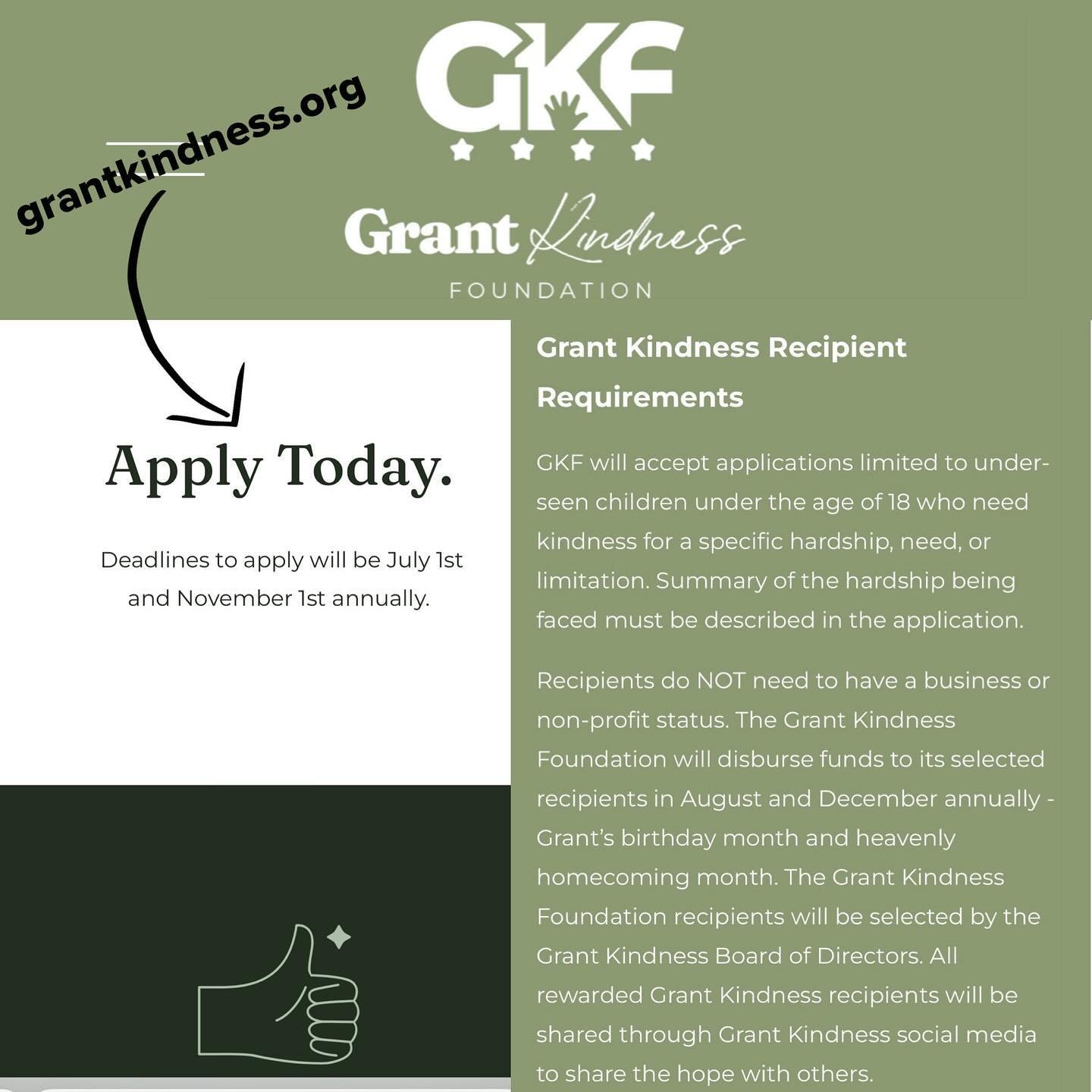 Our first deadline to apply for a grant kindness act is rapidly approaching 💚 Do you have a neighbor, friend, family member, co-worker, or teammate going through hardship and needs to know the love of Jesus and His kindness in a tangible way? Please