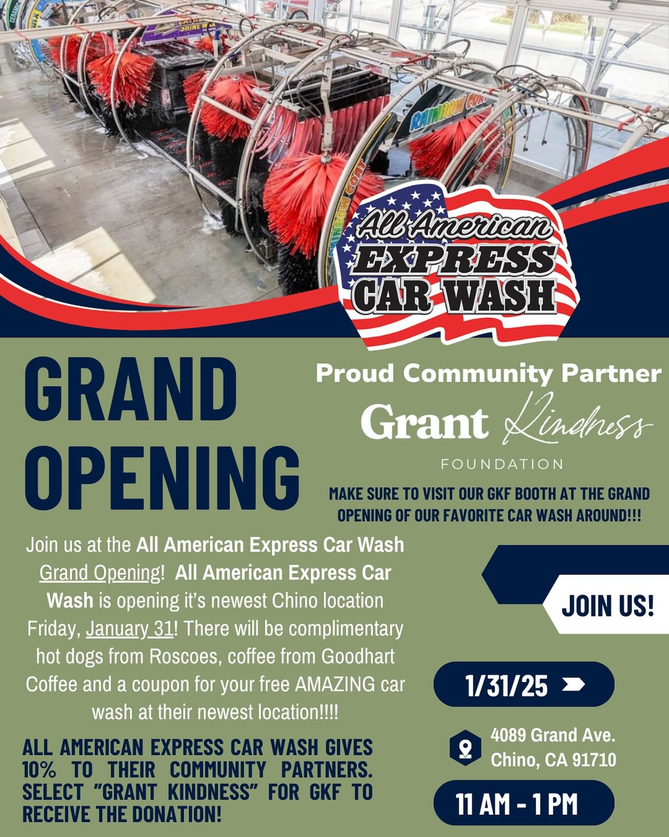 Join us tomorrow at the grand opening of our favorite car wash! Not only can you receive an amazing car wash, All American Express Car Wash believes in giving back!!! 🇺🇸 #proudcommunitypartner #allamericanexpresscarwash