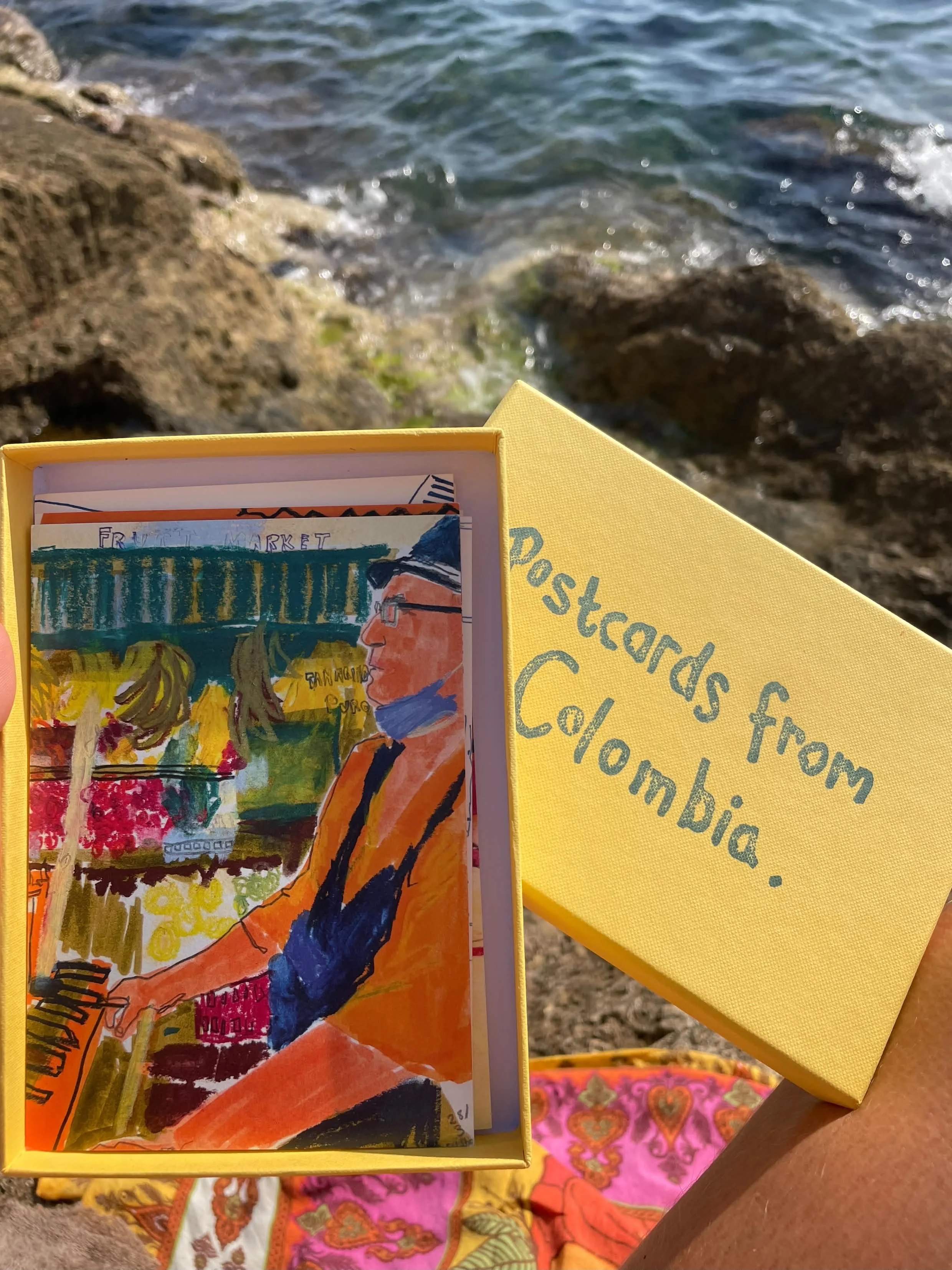 Each box was stamped with a hand-carved lino 'Postcards from Colombia'