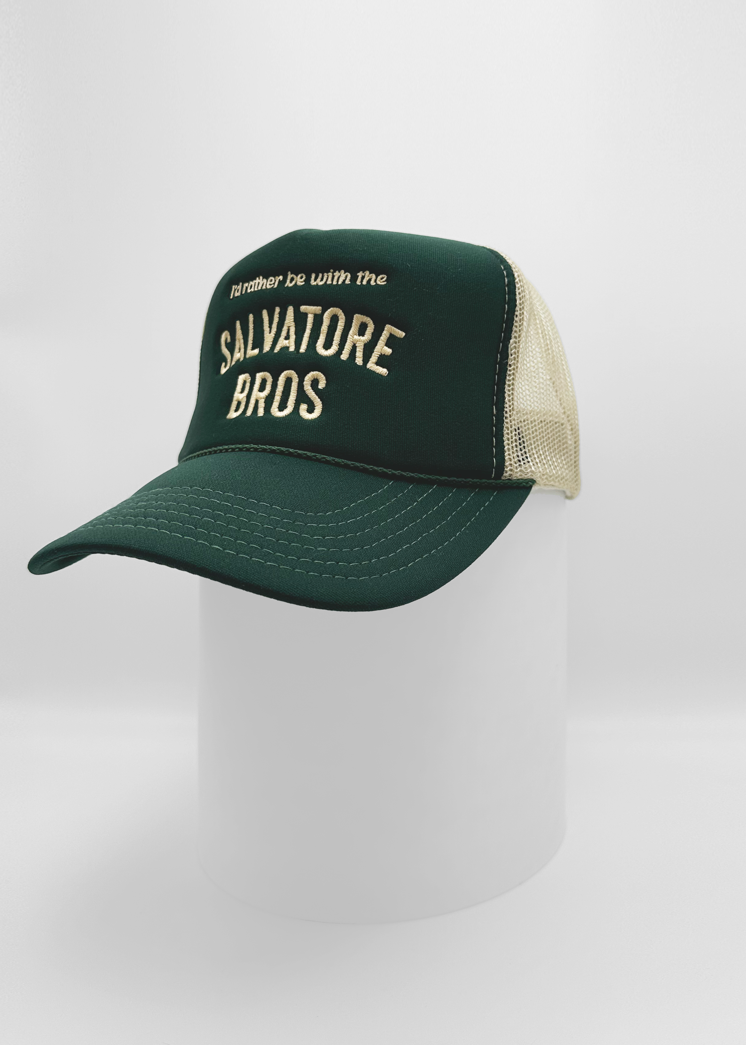 The Vampire Diaries inspired dark green and khaki foam trucker hat with “I'd rather be with the Salvatore Bros” embroidered on front