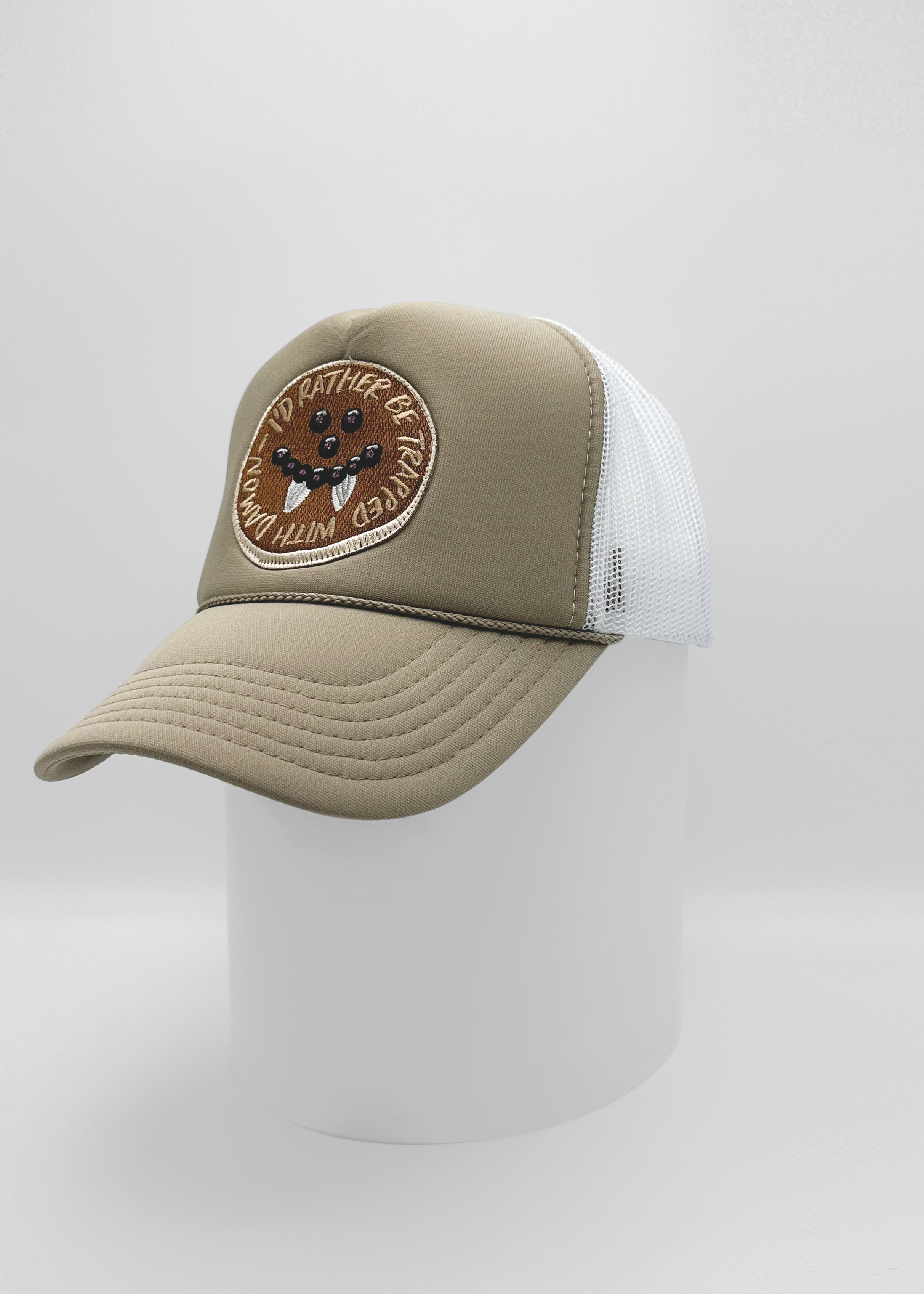 Vampire Diaries fan hat with pancake patch reading ‘I’d rather be trapped with Damon’, khaki front and white mesh back