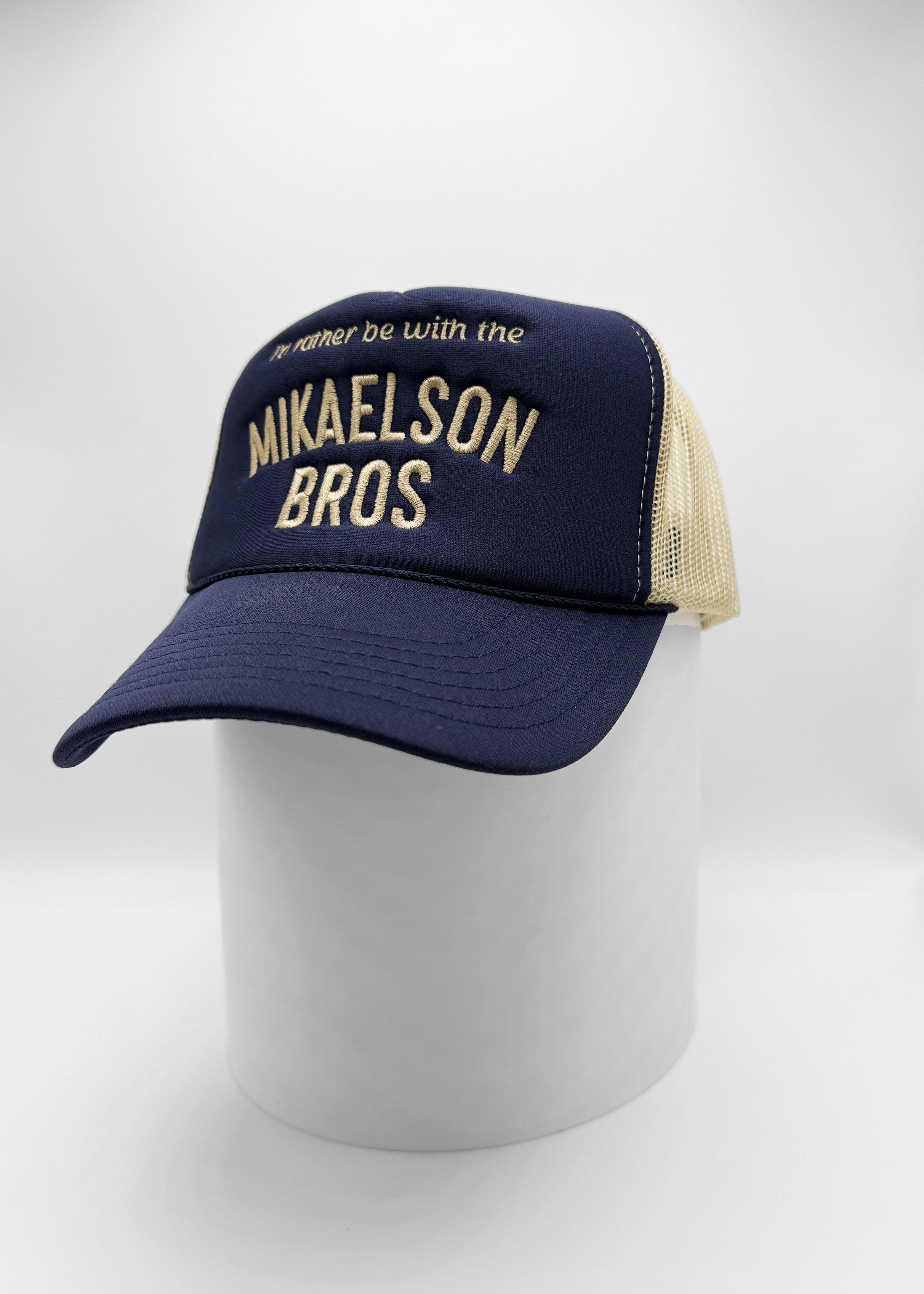 The Vampire Diaries inspired navy and khaki foam trucker hat with “I'd rather be with the Mikaelson Bros” embroidered on front