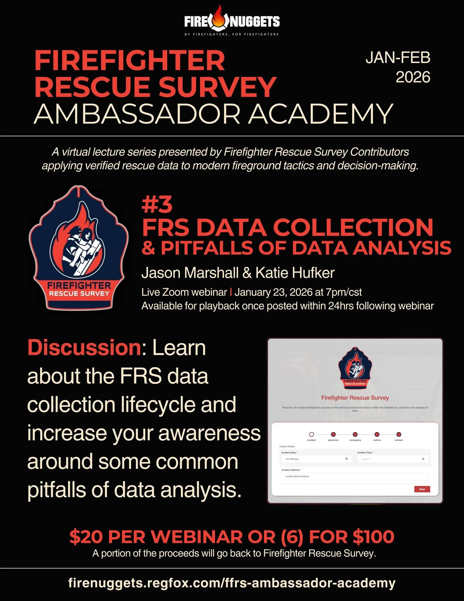 TONIGHT at 7pm!

The third webinar in our @firefighterrescuesurvey  Ambassador Academy kicks off tonight with Contributor - Jason Marshall and Data Validation Team Member - Katie Hufker to discuss the data collection and common pitfalls of the data a