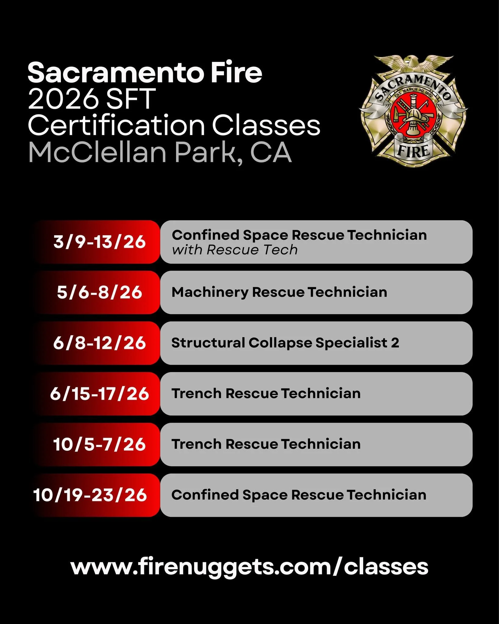 CA - Sacramento Fire's 2026 SFT class lineup has been posted! All of these classes and registration links can be found on our website!

https://www.firenuggets.com/classes