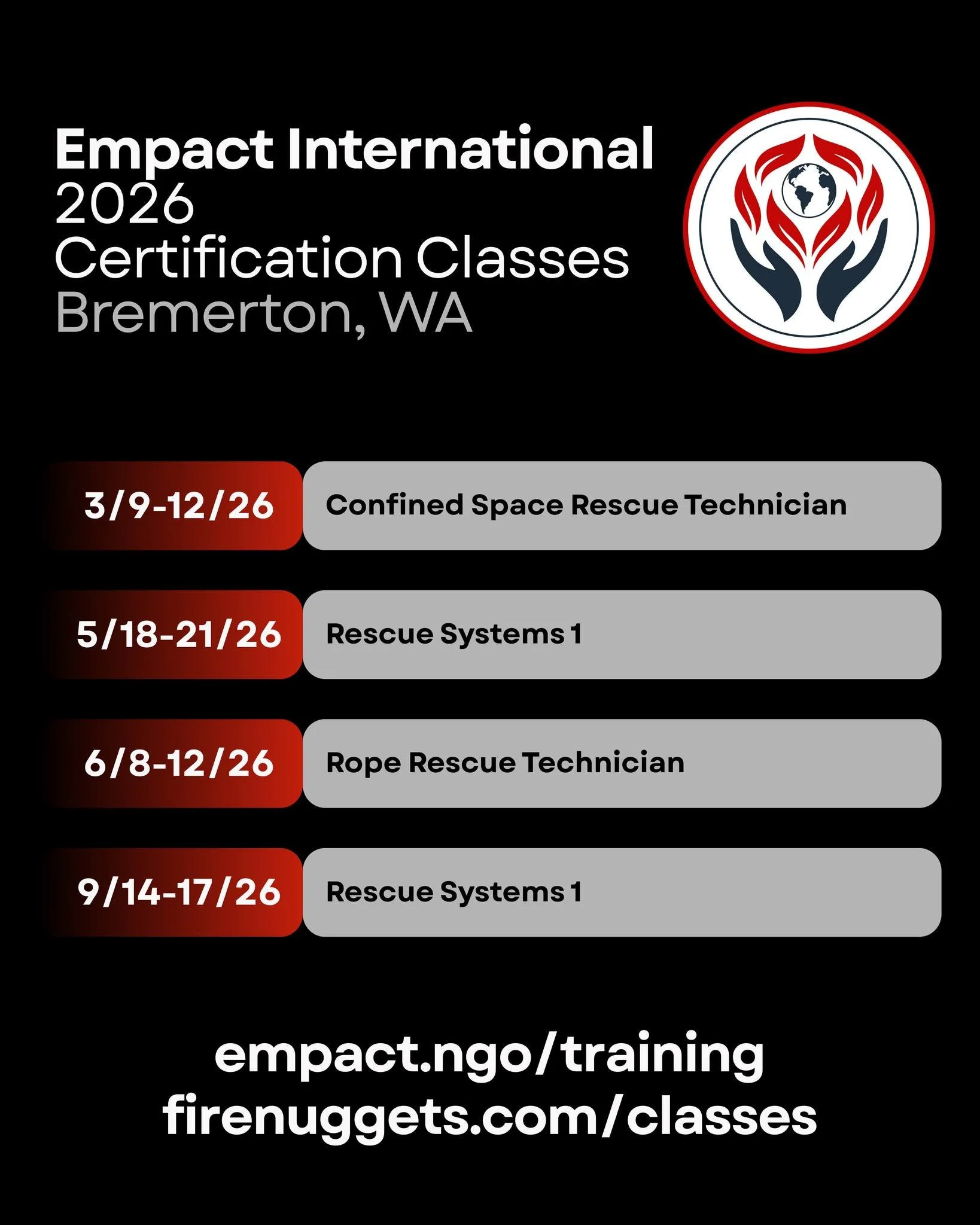 Washington state! 

@empactnw (Empact International) has released 4 certification classes in Bremerton, WA this year - Confined Space Rescue Tech, Rescue Systems 1 (2 dates), and Rope Rescue Tech! 

Find more information here:

https://www.firenugget