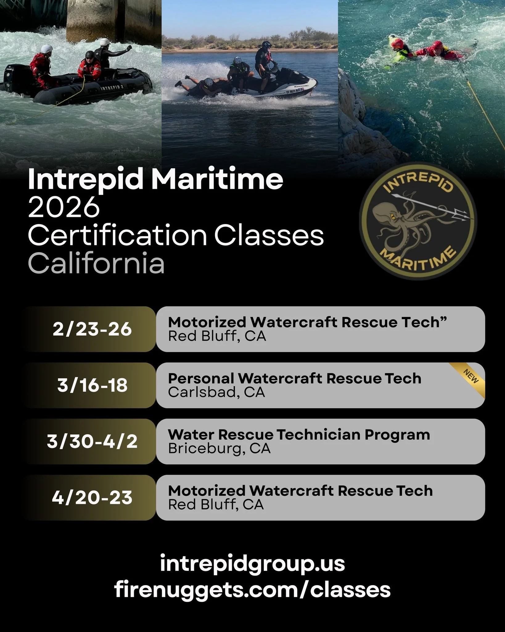 California! 

@intrepidmaritime  added a new SFT class next month - Personal Watercraft Rescue Technician! Check out the rest of their spring classes lineup for Feb-April as well!