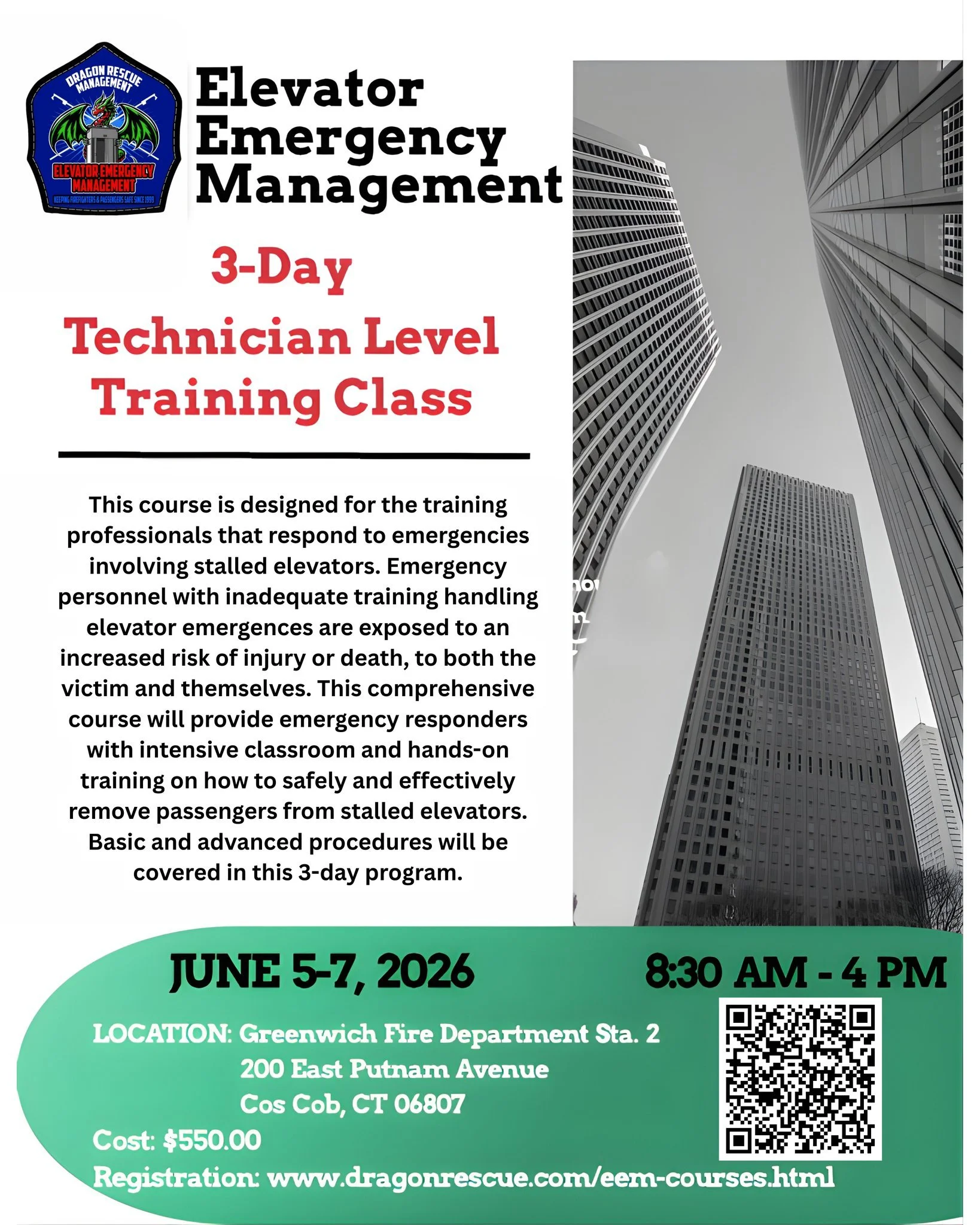 📍Greenwich, Connecticut

@dragonrescuemanagement is bringing their 3-day Elevator Emergency Management Technician program to your area! 

Posted on our website!