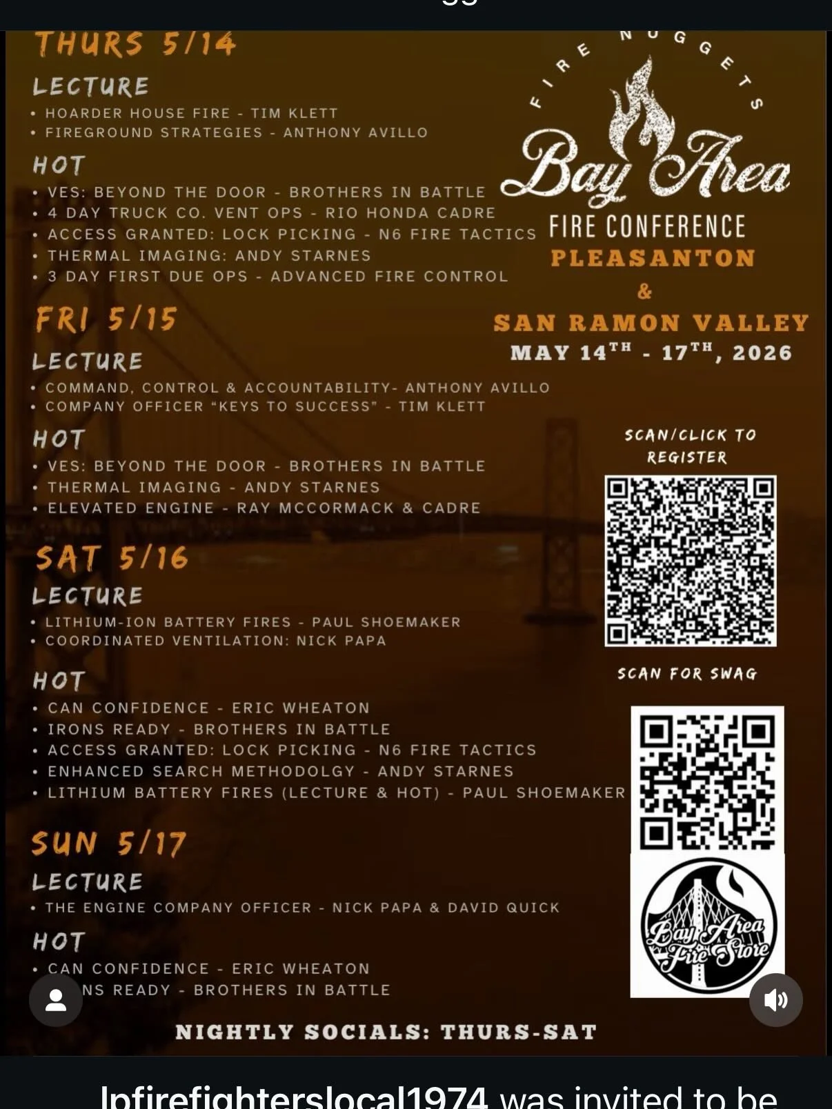 Bay Area Fire Conference 2026 is almost here! May 14-17 in Pleasanton and San Ramon, CA

We&rsquo;ve put together an outstanding lineup of instructors, hands-on training, and classroom sessions designed to bring real value to you and your department.