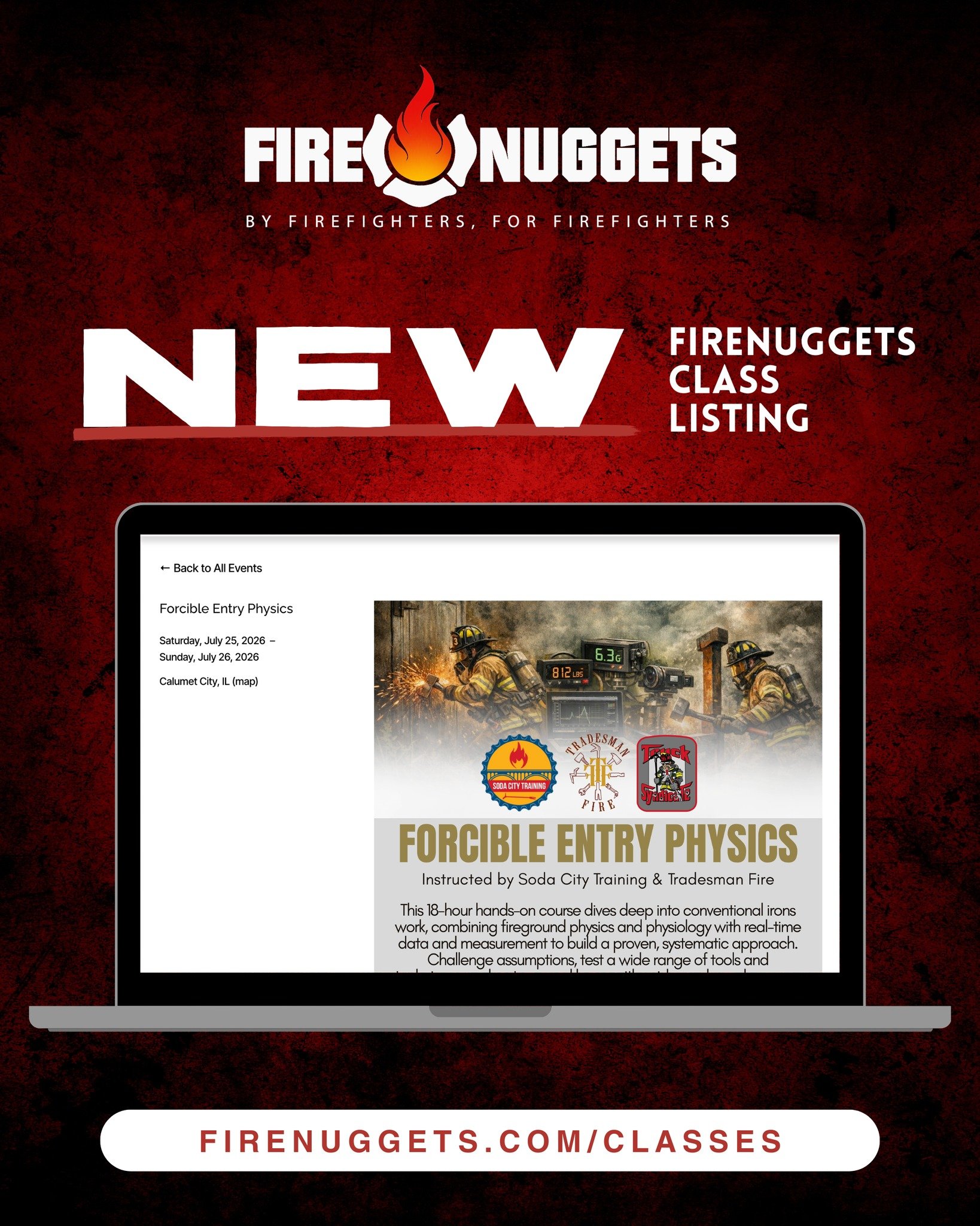📍Calumet City, IL

New to the lineup: @sodacitytraining  and @tradesman_fire are bringing Forcible Entry Physics to Calumet City at the end of July! 

www.firenuggets.com/classes