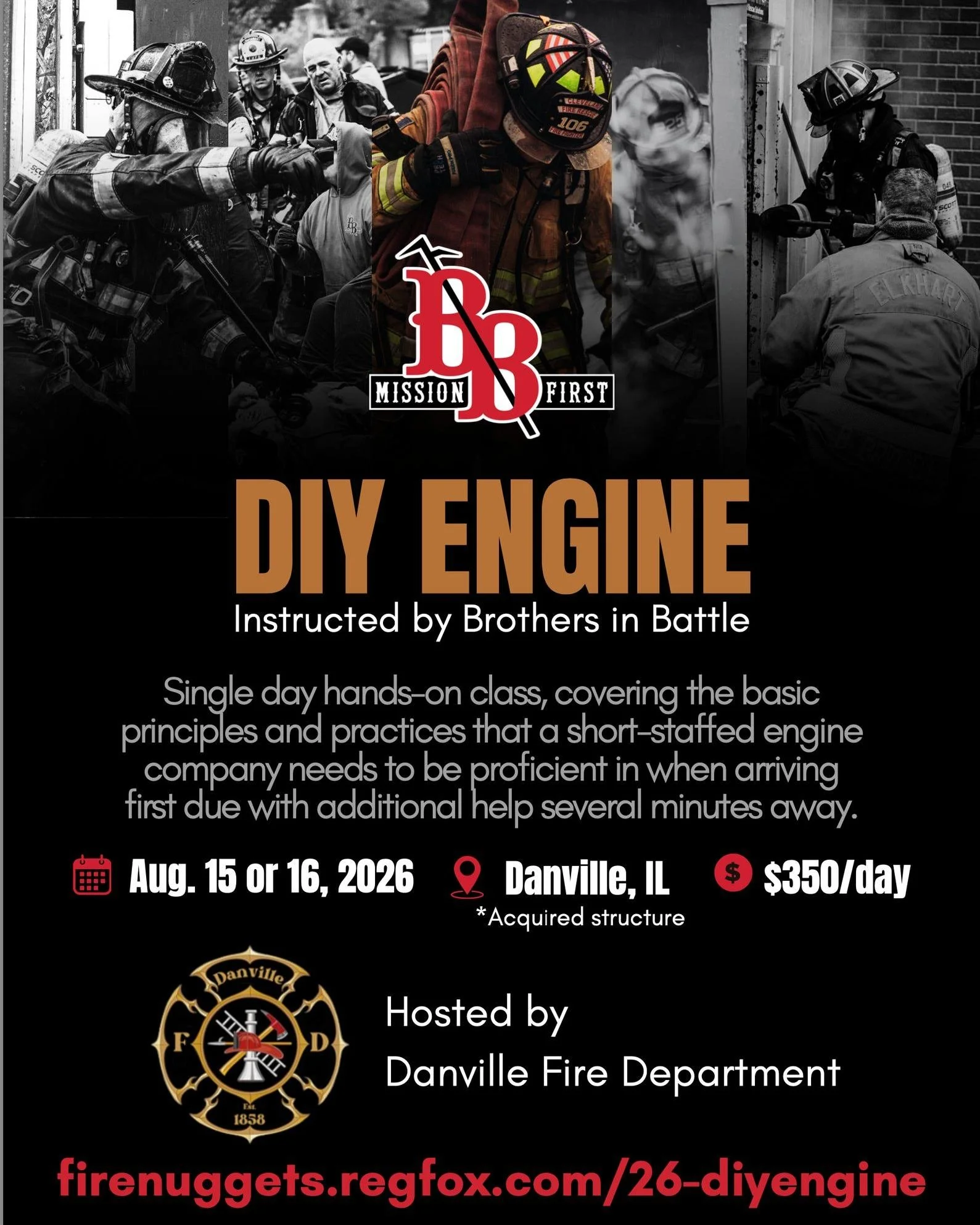 📍Illinois / Indiana - @danvillefd (IL) is hosting @brothersinbattlellc this summer for an engine work class in an acquired structure! Sign-up soon!

https://firenuggets.regfox.com/26-diyengine
