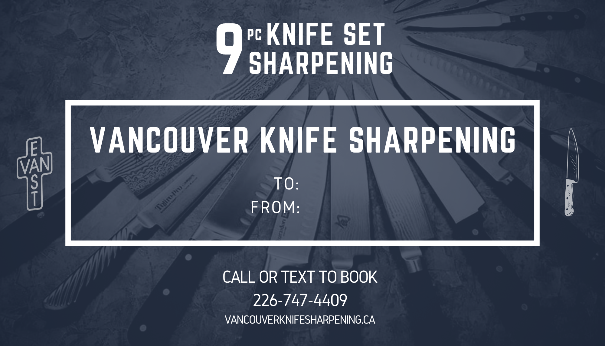 Gift card for Vancouver Knife Sharpening service and contact information