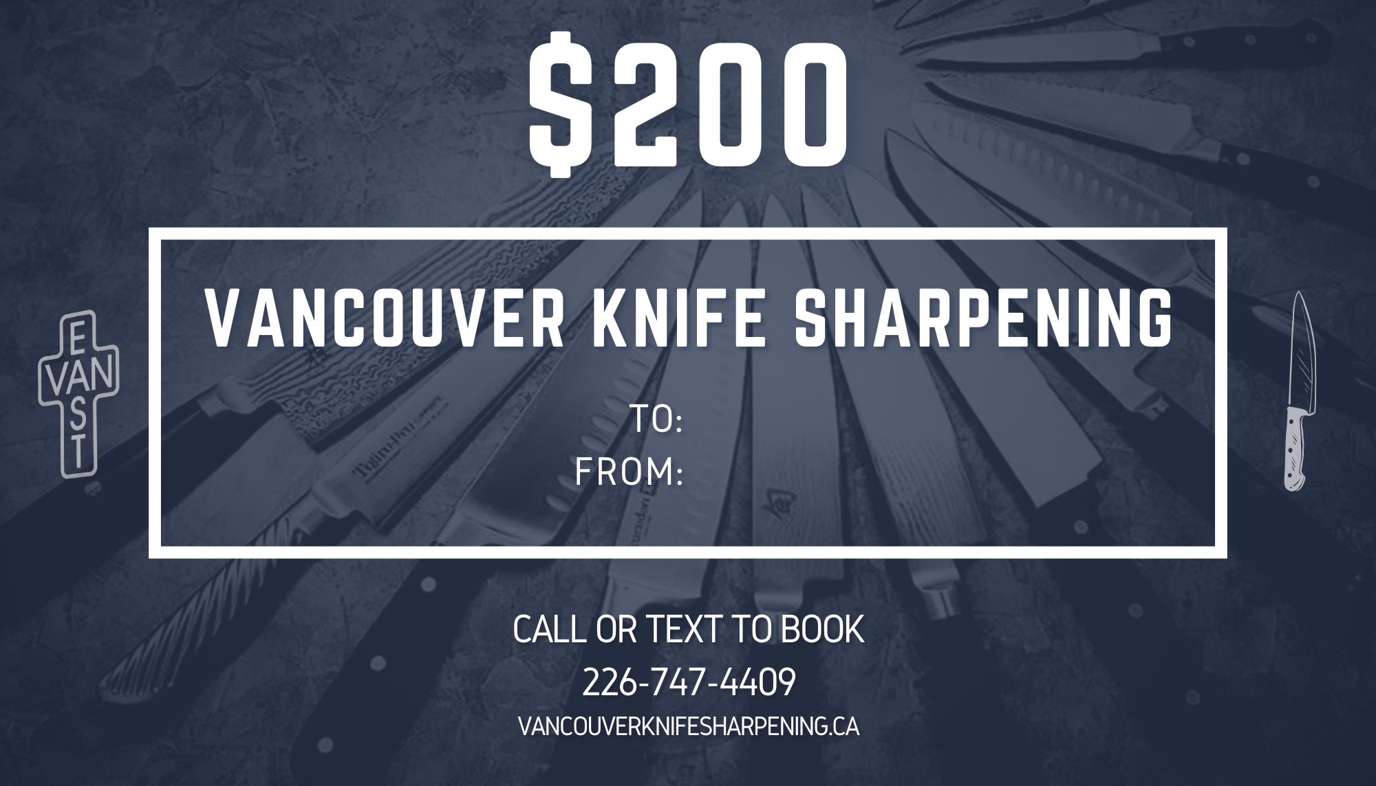 Gift card for Vancouver Knife Sharpening service and contact information