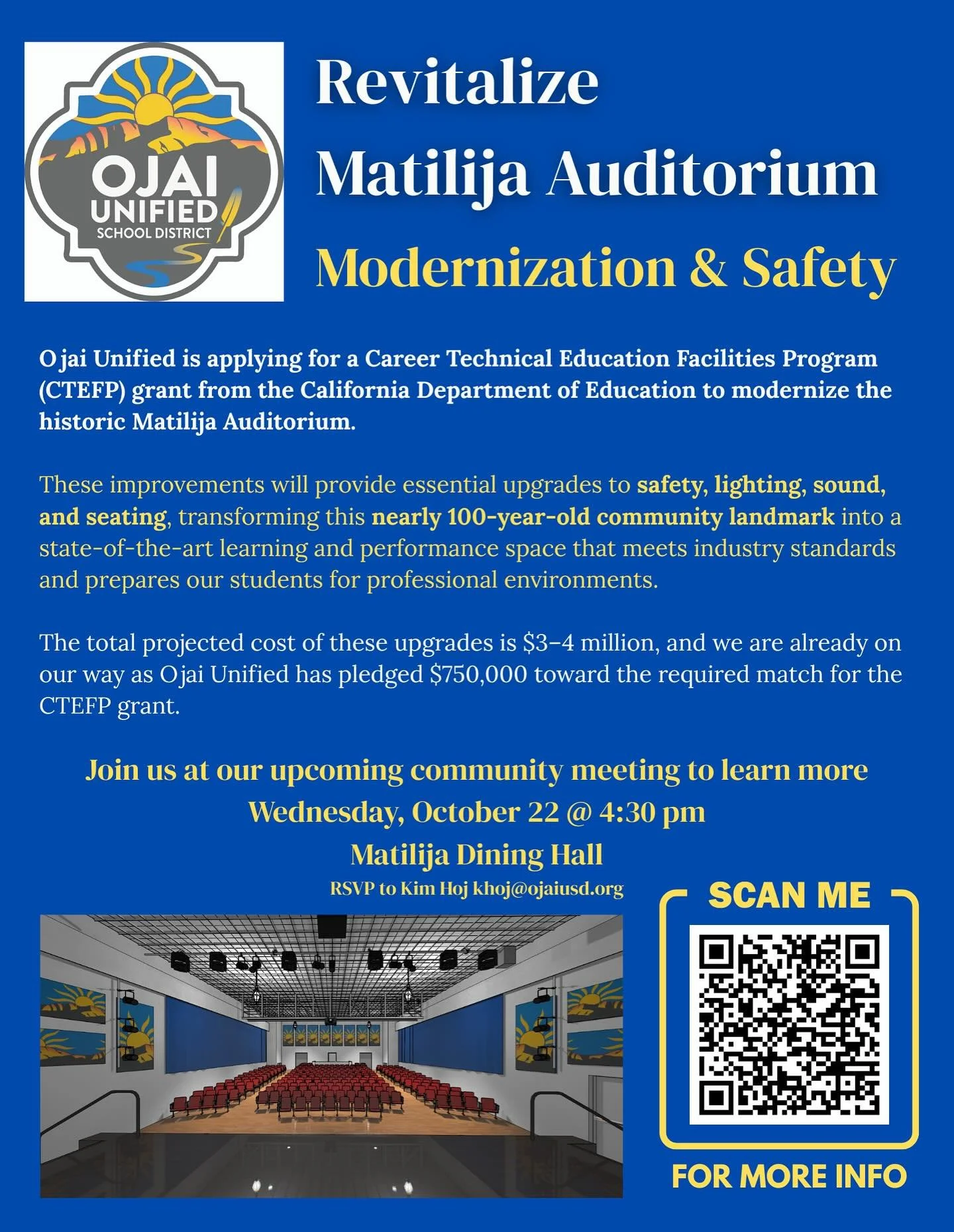Learn about the proposal to MODERNIZE MATILIJA AUDITORIUM. Scan the QR code to learn more! Community meeting next Wednesday, October 22 at 4:30 pm in the Matilija Dining Hall. RSVP at the link in bio!