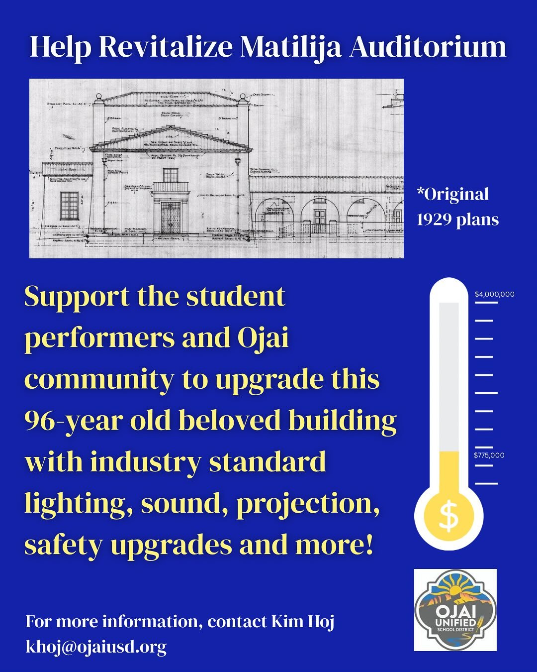 CALL to ACTION: help Ojai Unified school district revitalize our beloved Matilija auditorium! Any amount welcome. All donations and pledges by November 10 allow us to qualify for a possible matching grant! Link in bio