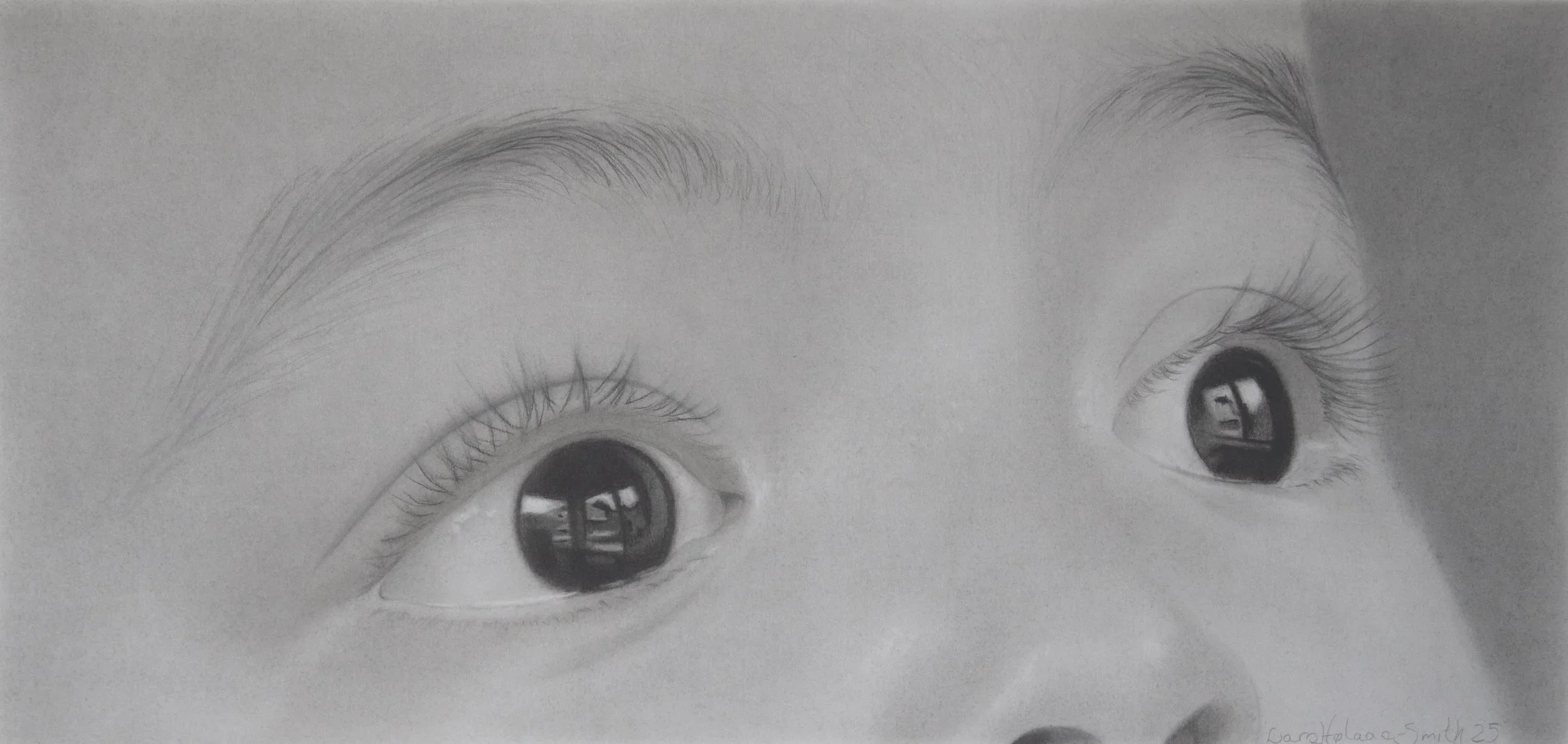 Title: "Refleksjoner" 
Size: 42 x 30 cm
Medium: Charcoal and pastel
Paper: Hahnemulhe Nostalgie
Duration: 42 hours
Year: 2025
