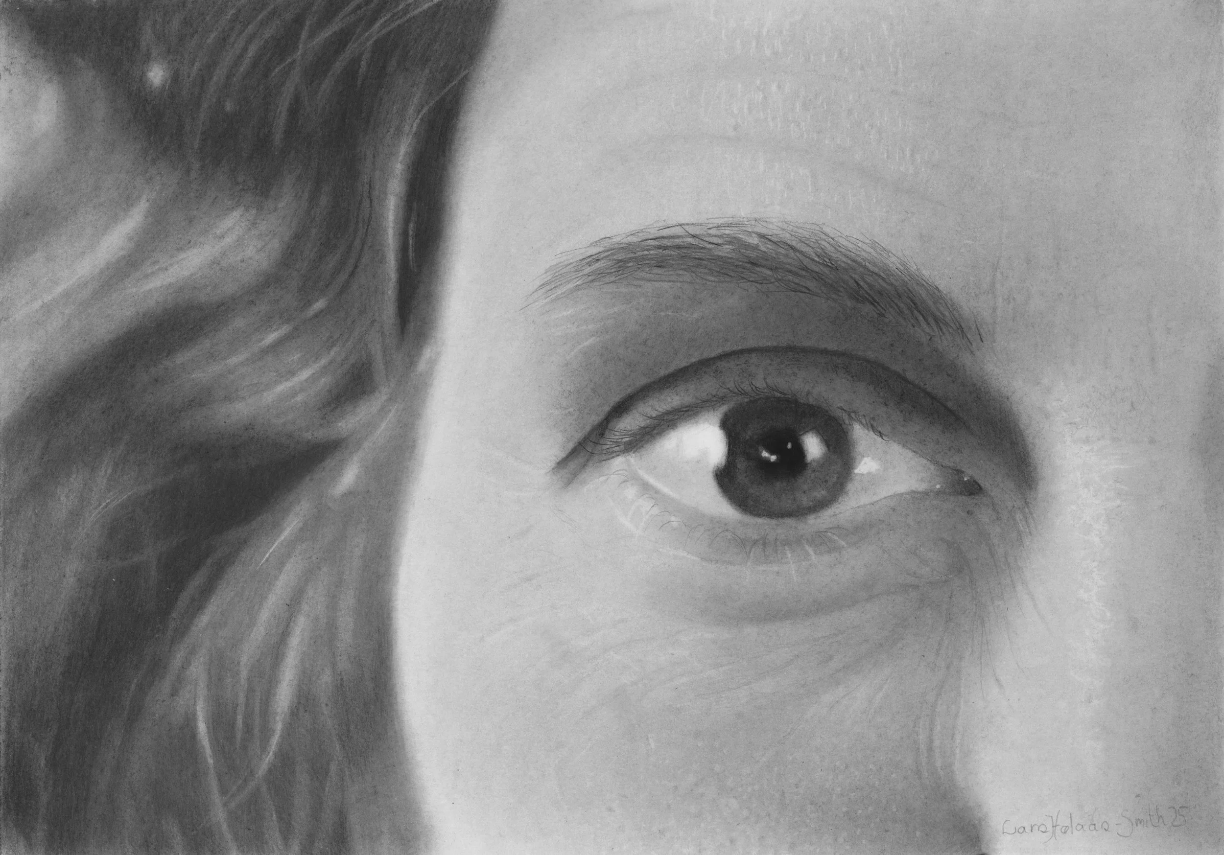Title: "Mari´s øye"
Size: 30 x 21 cm
Medium: Charcoal and pastel
Paper: Hahnemuhle Nostalgie
Duration: 30 hours
Year: 2025