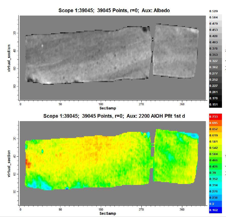HySpex scan of small drill cores. Precipice Sandstone, Surat Basin, Australia.