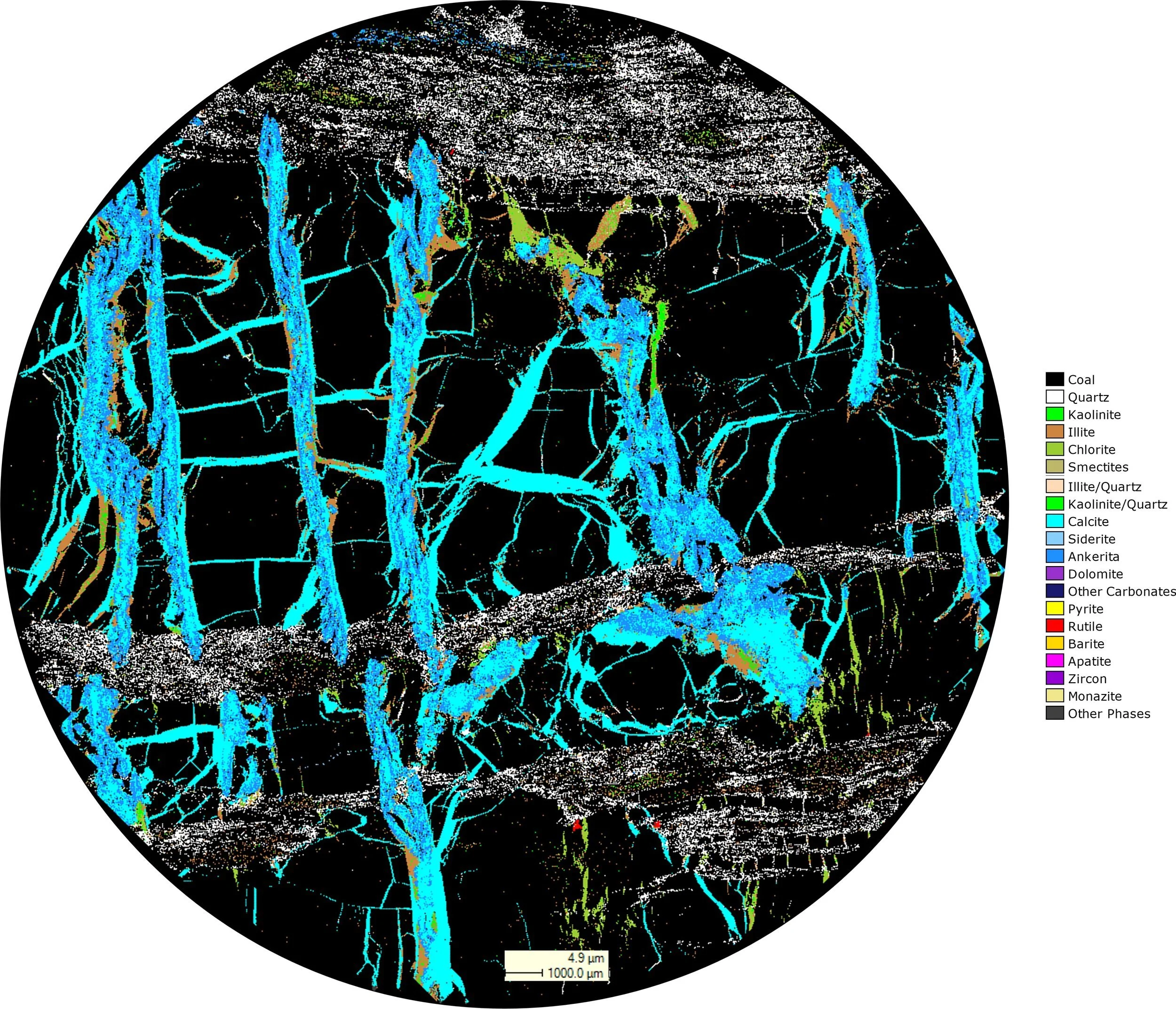 Mineralogical mapping using QEMSCAN. Fractures filled with carbonates and clays. Quartz grains dispersed in mineral matter-rich layers. Fort Copper Coal Measures, Bowen Basin.