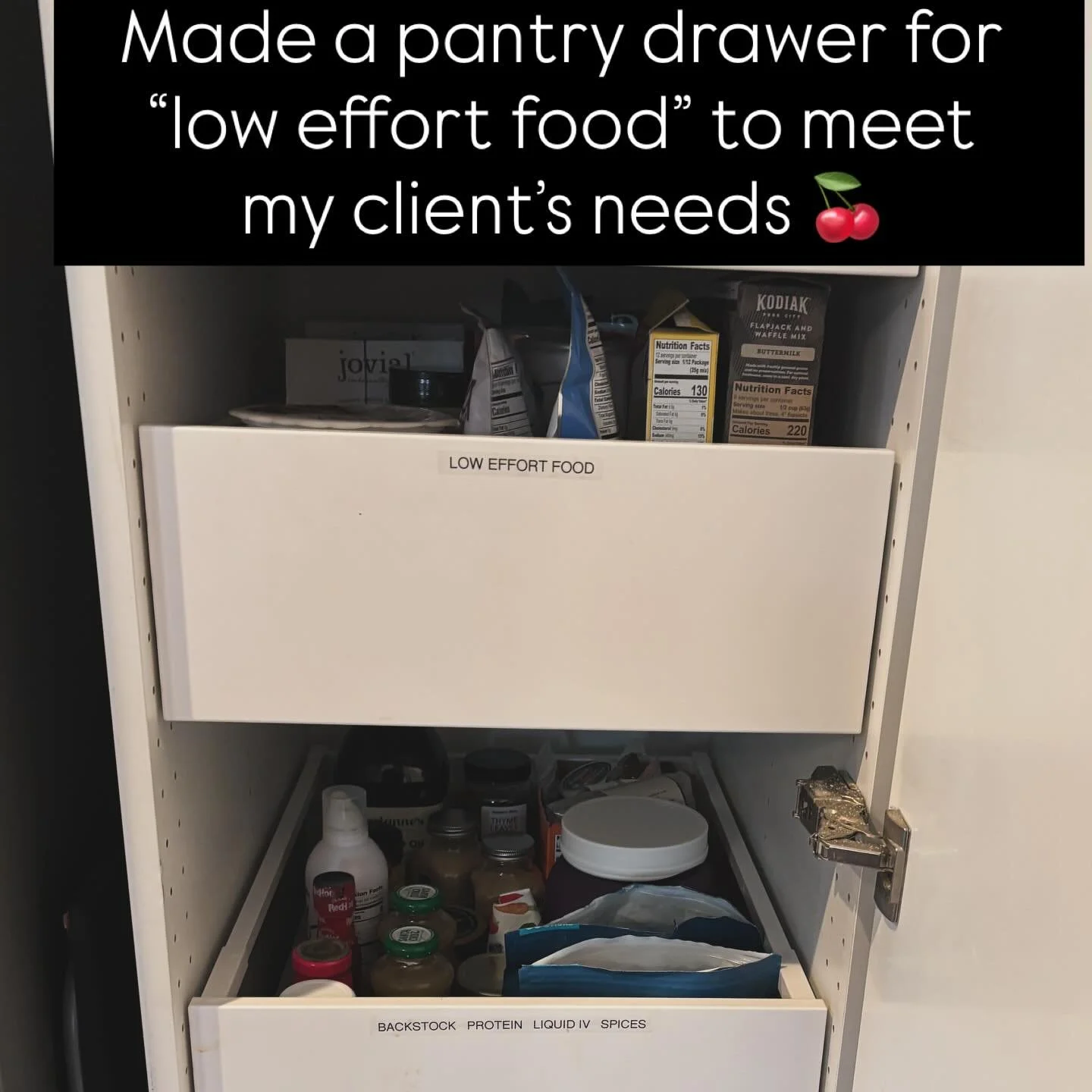 Oops I did it again (forgot to take before photos.) This pantry had every drawer filled to its limit and everything was hard to access 

First we talked about needs and how this pantry could be supportive of my client&rsquo;s needs. Then we took ever