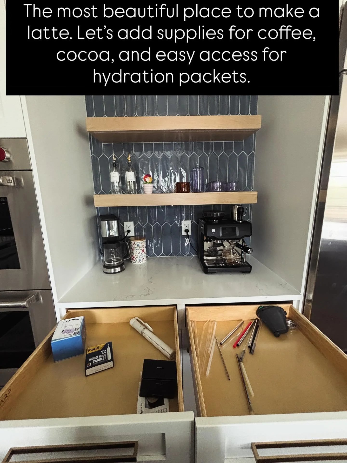 An incredible espresso machine, cups and syrups were set up here but the coffee and drink packets were too far away. So we made a drink station with some clear containers as dividers right in the heart of this gorgeous kitchen. 

Placing items where 