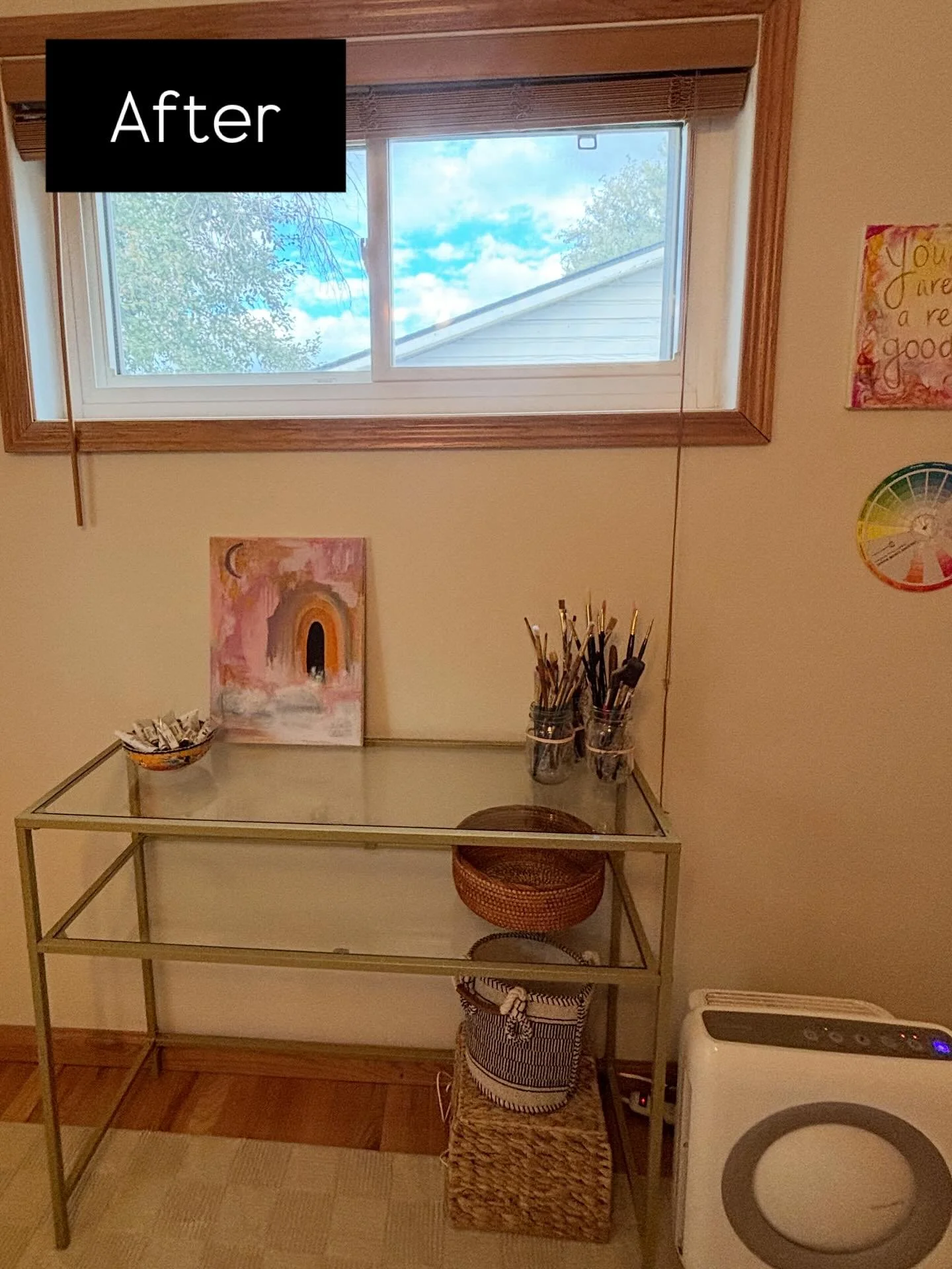 Home office before and after. Making art supplies accessible and calm.