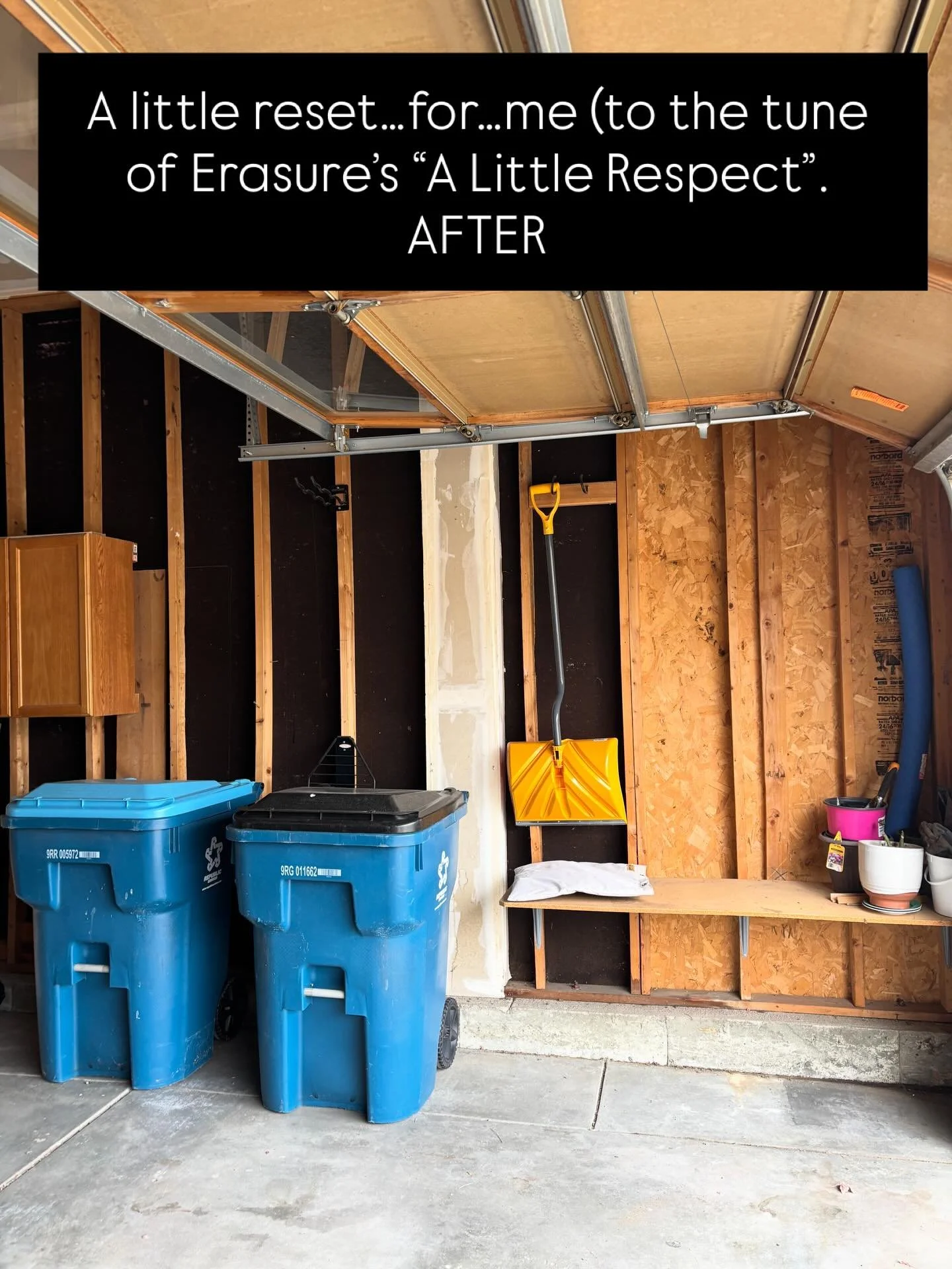A quick garage corner reset made room for trash cans to sit nicely against the wall. Tools got put back where they belong (and borrowed tools will be returned.)

Also found the thing I need but forgot to put over outside faucet so spigot/hose turn on