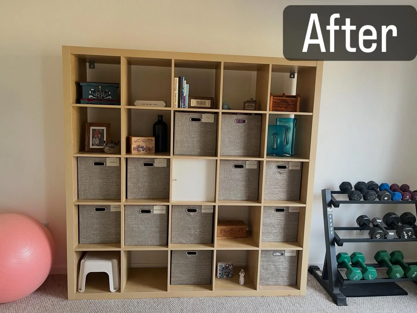 In the before, every basket and cubby (and even the top shelf) were filled to overflowing. 

Office supplies and workout clothes were hard to access. After sorting and decluttering, this daily runner now could easily choose long tops, short tops, tan