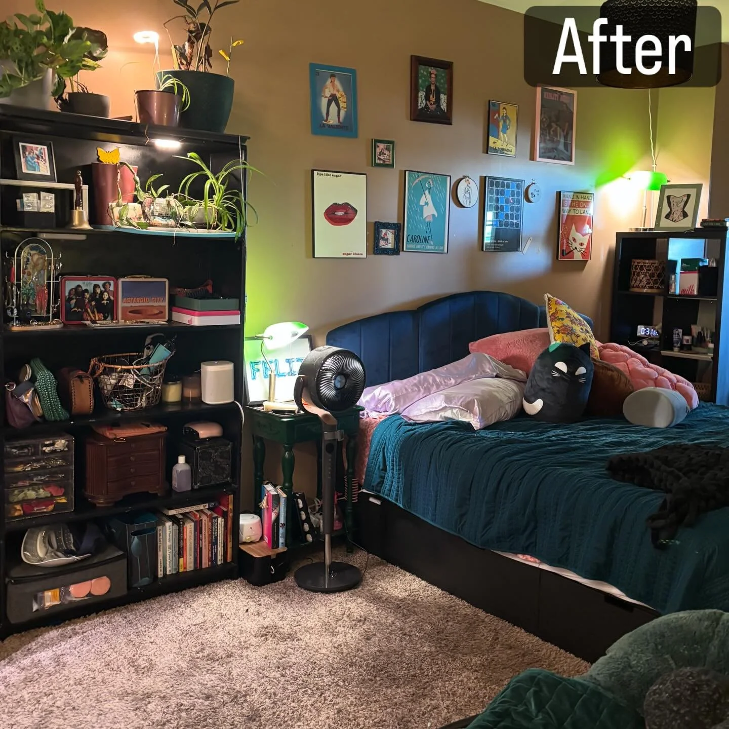 Overwhelm in a bedroom where cozy was desired. First we found the floor. Then we got a quick win by decluttering the nightstand. Then on to the bookshelves one shelf at a time. Sorting, decluttering, putting like items together in containers where po