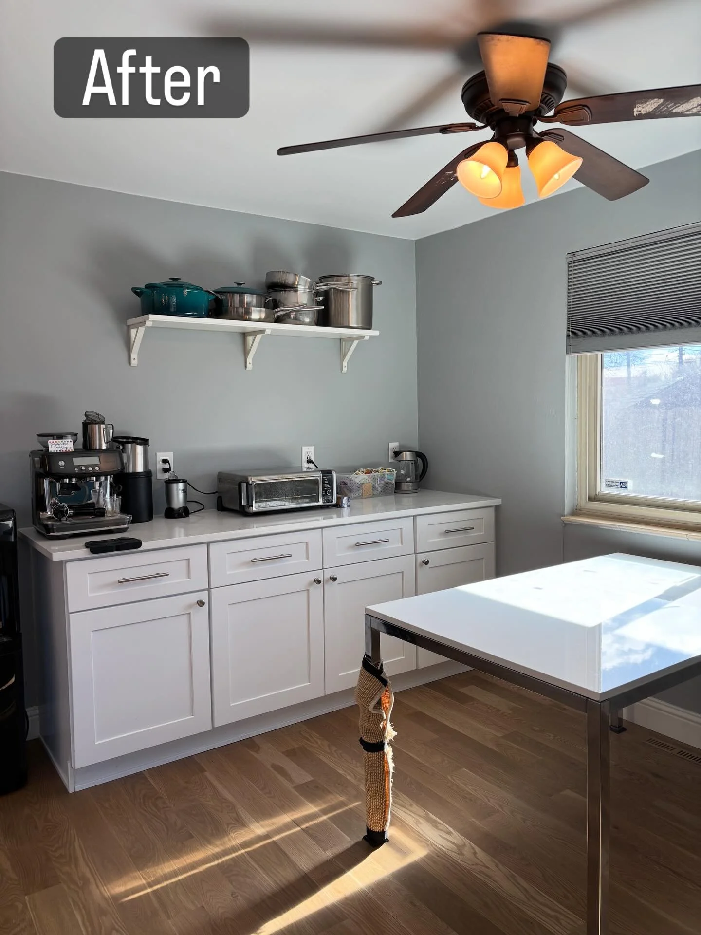 My clients were out of their home for 3 months after a flood and renovation. After, they still had too many coffee mugs and not enough cabinets. We created stations in this built in: water, coffee, snacks, and smoothies. 

See next pic for the blue p