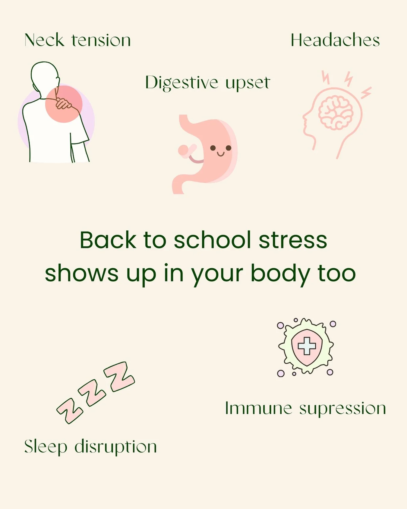 Back to school season is an exciting fresh start, but it often brings stress for kids and parents alike. 

This stress doesn&rsquo;t just affect the mind it shows up in the body too. Muscle tension, headaches, restless sleep, stomach upset, and even 