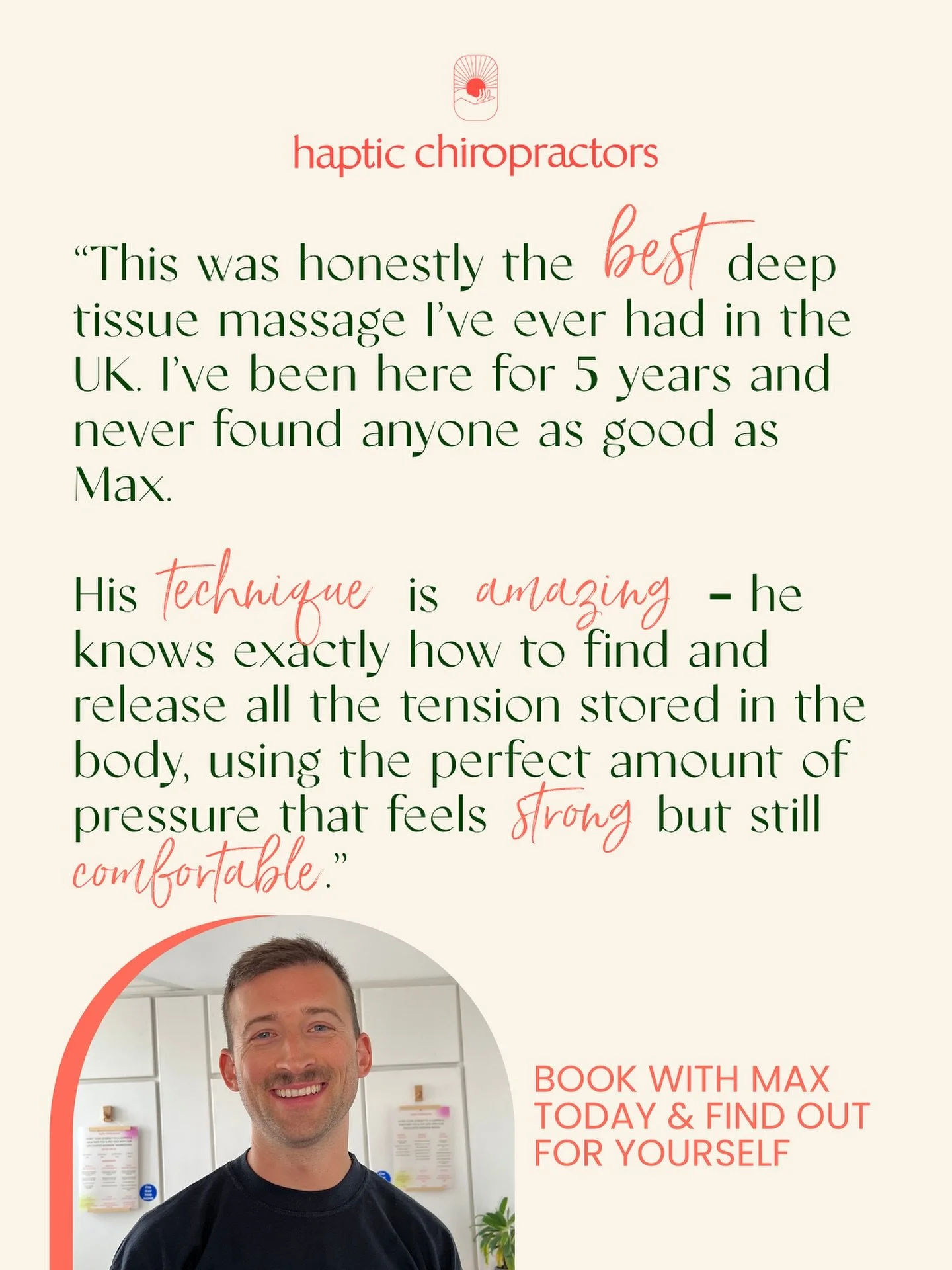 We absolutely LOVE to hear feedback like this! 🤩
Our amazing massage therapist Max is here Monday, Wednesday and Thursday. 🤗
Book in with him and see what all the fuss is about! ✨
#hapticchiropractors #massagetherapy #healthandwellness #shoredit