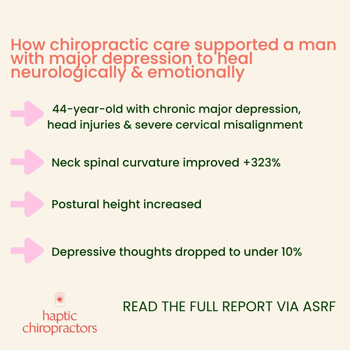 ✨ Spine &bull; Brain &bull; Recovery ✨

This case study, published by the Australian Spinal Research Foundation, explores how chiropractic care was associated with positive changes in both neurological and emotional function in one individual living 