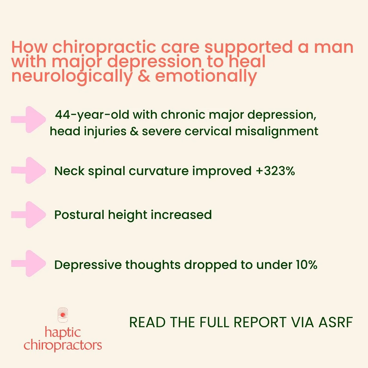 ✨ Spine &bull; Brain &bull; Recovery ✨

This case study, published by the Australian Spinal Research Foundation, explores how chiropractic care was associated with positive changes in both neurological and emotional function in one individual living 