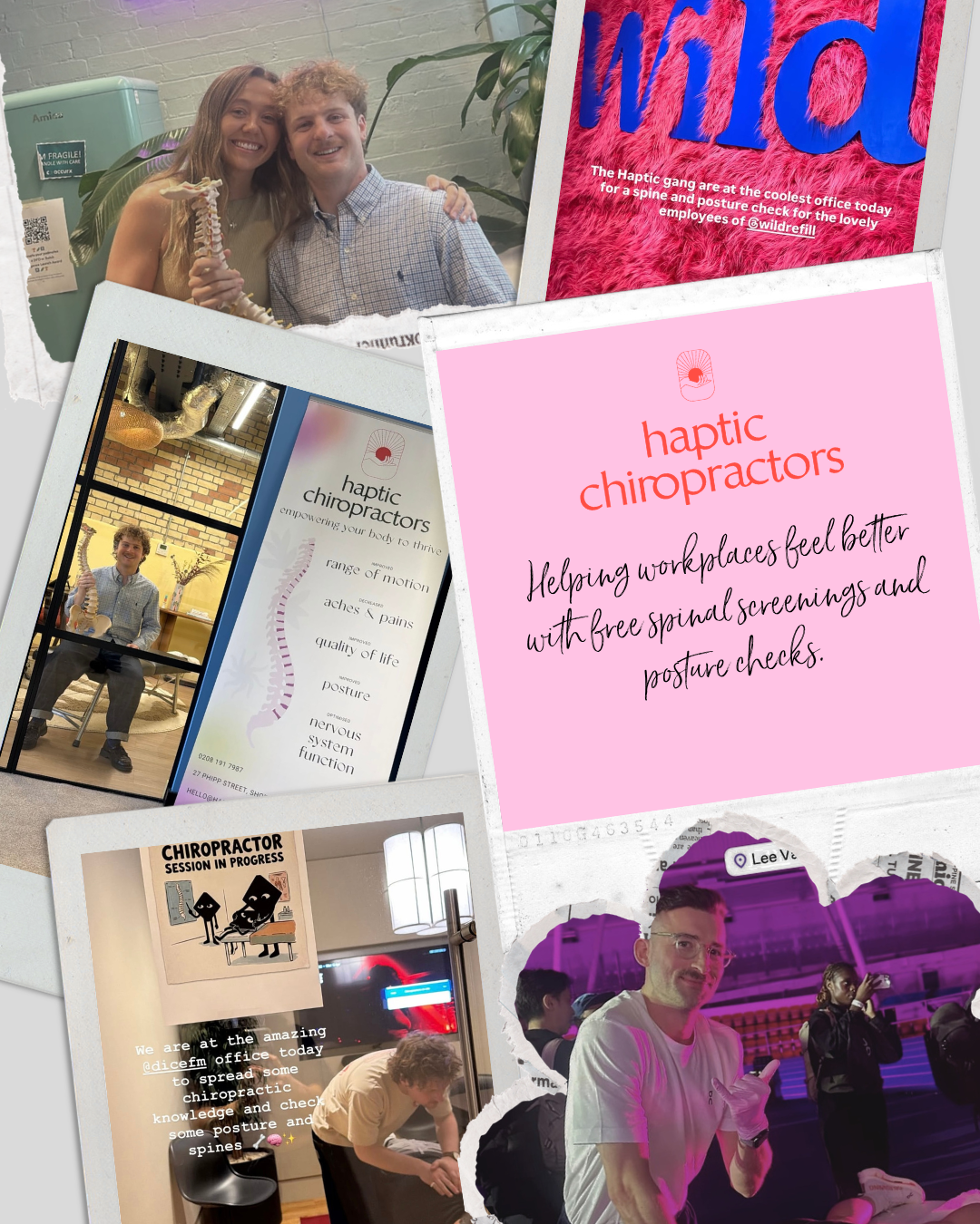 A collage of photos featuring people at a chiropractic office. Includes a smiling woman and man holding a model of a spine, a man holding a spine model in an office with a brick wall background, a young man sitting in a waiting area, and a woman sitting at a desk. Also shows promotional flyers and signs for haptic chiropractors, emphasizing spinal screening and posture checks.